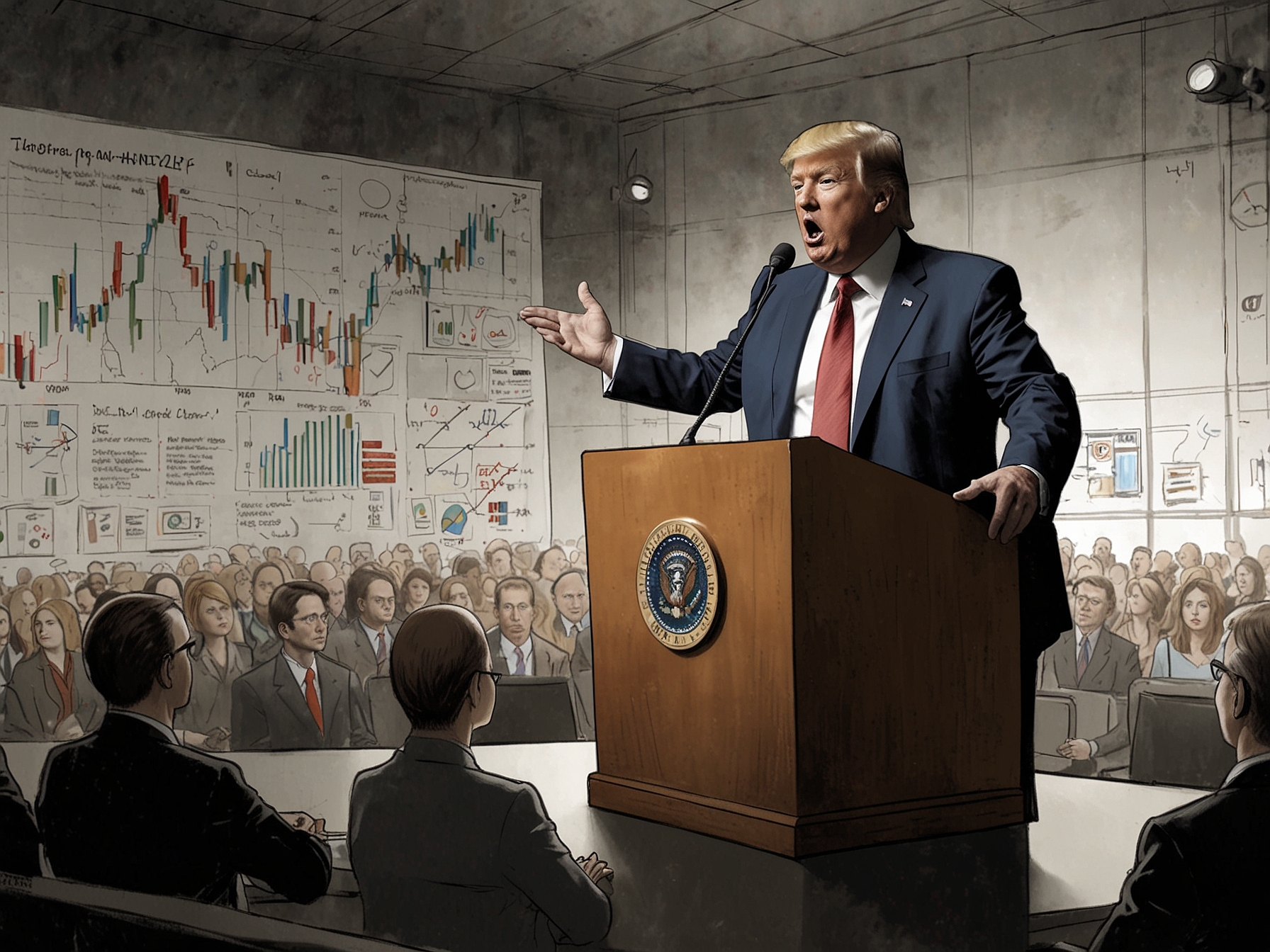 An illustration of Donald Trump speaking at a podium, with visuals of major tech companies like Google and Amazon in the background, symbolizing the regulatory challenges ahead.