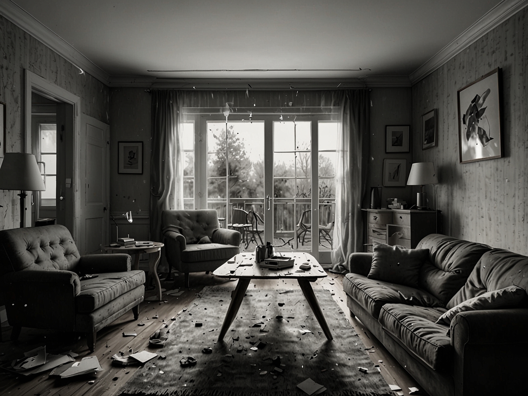 An empty living room with a broken window and disheveled furniture, representing the chaos of a burglary at an athlete's home, emphasizing the violation of personal space.