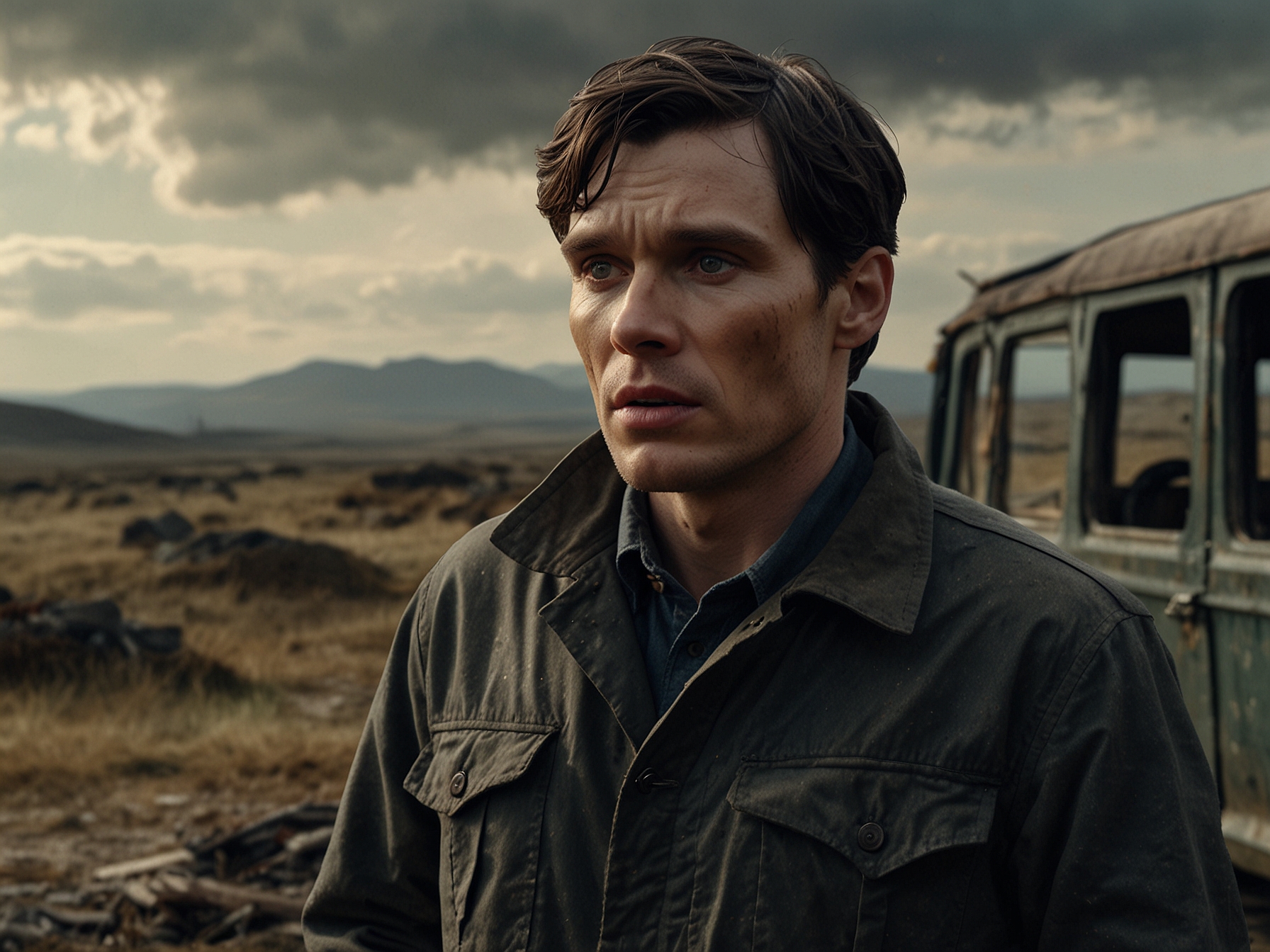 Cillian Murphy in a haunting scene from the trailer for 28 Years Later, showcasing his skeletal appearance amidst a desolate landscape, reflecting the film's themes of survival and decay.