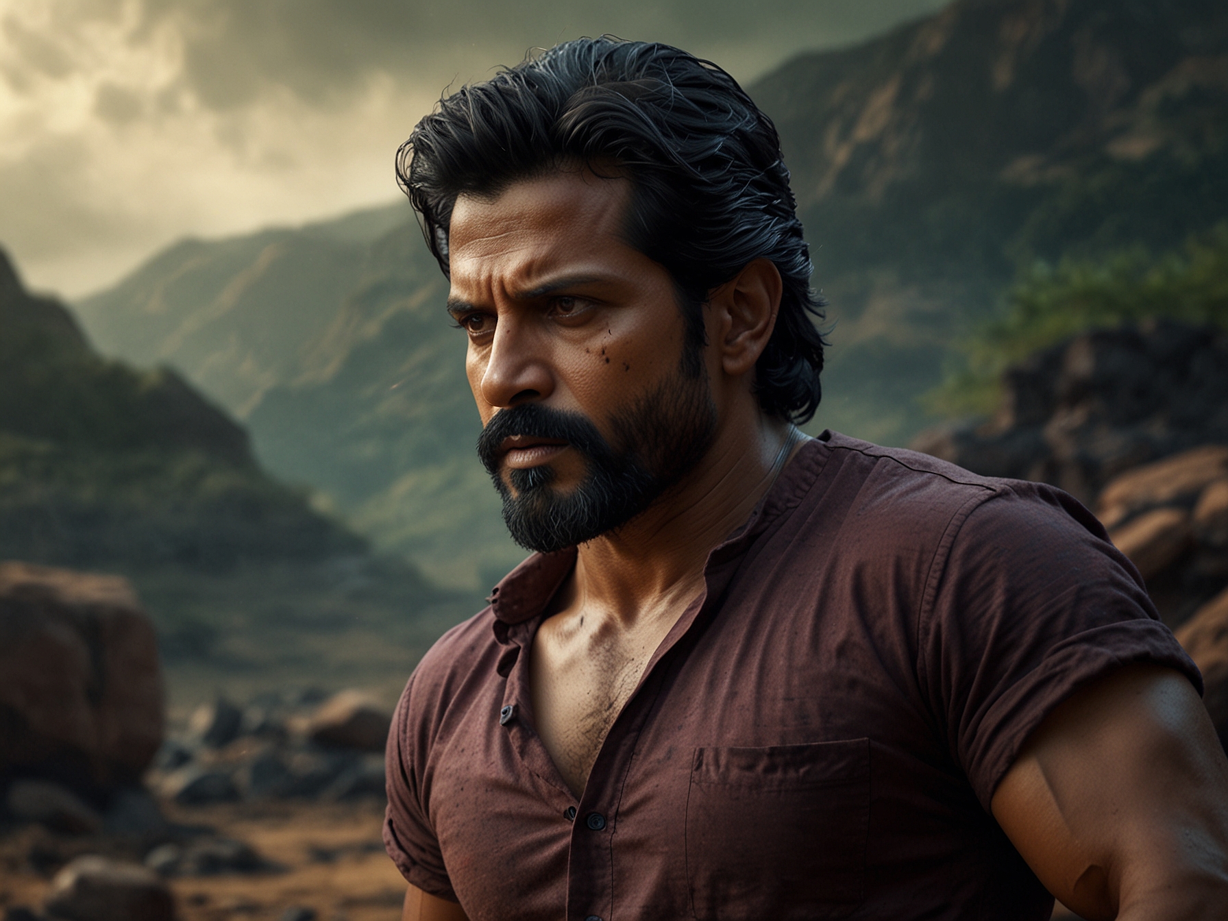 A dramatic scene from 'Thangalaan' featuring Chiyaan Vikram, showcasing his intense expression as he navigates a challenging environment. The rich colors and intricate details highlight the film's historical context and emotional depth.