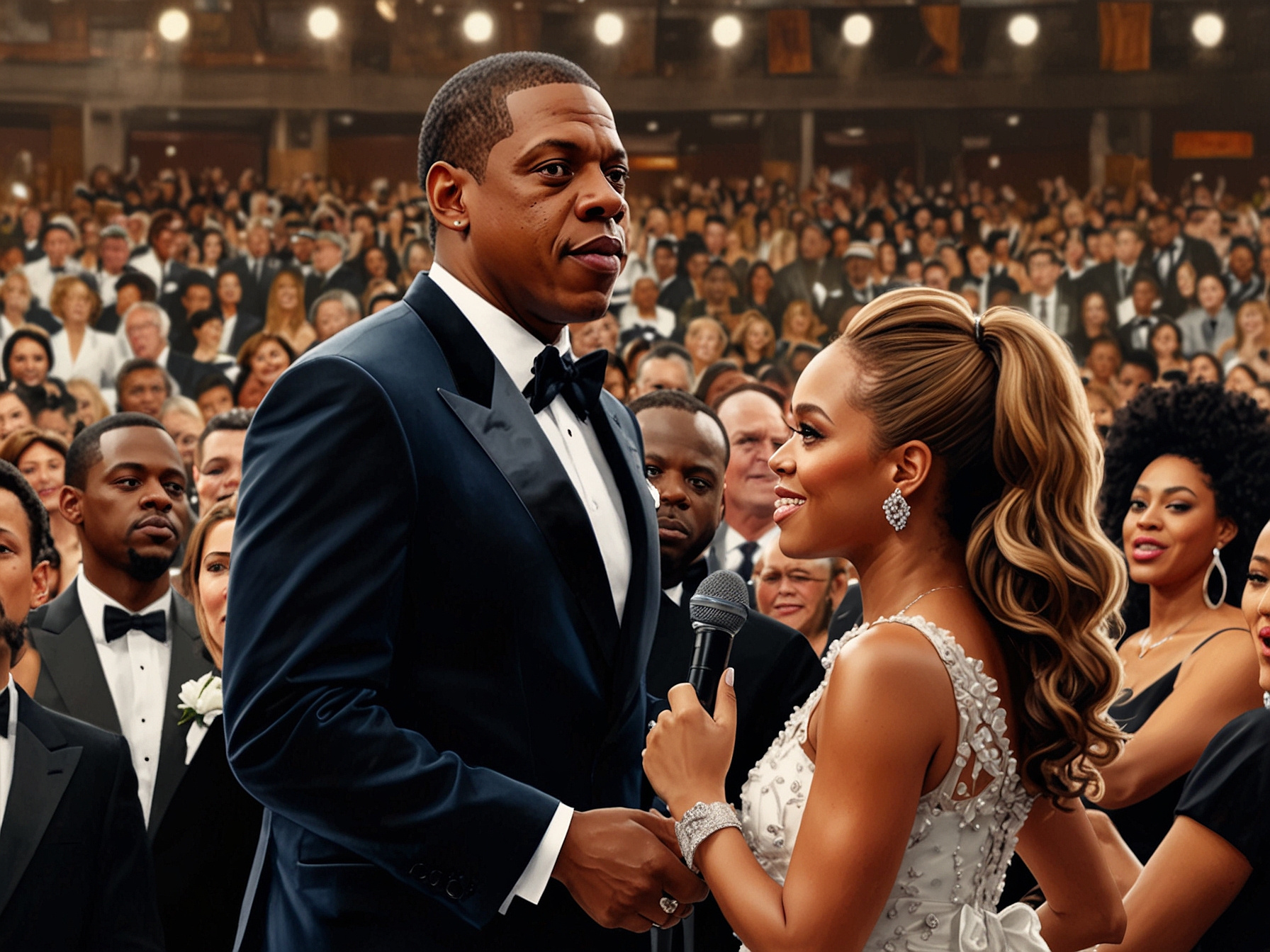 Jay-Z confidently addressing fans at a red carpet event with Beyoncé and Blue Ivy, reflecting a mix of pride and defiance in the face of legal troubles.