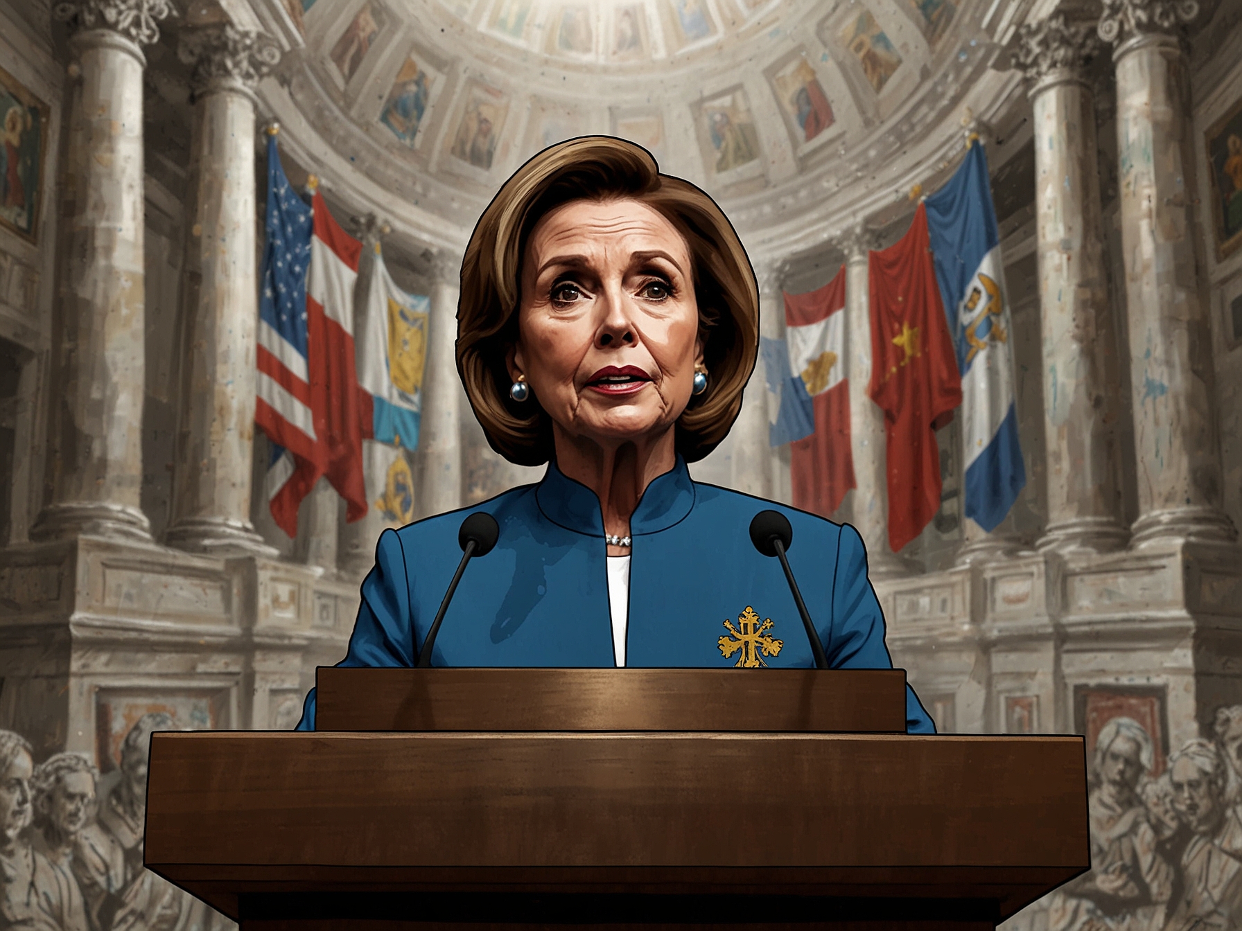 An image of Nancy Pelosi passionately speaking at a podium, surrounded by images of the Vatican and Chinese flag, symbolizing tension between faith and political agendas.