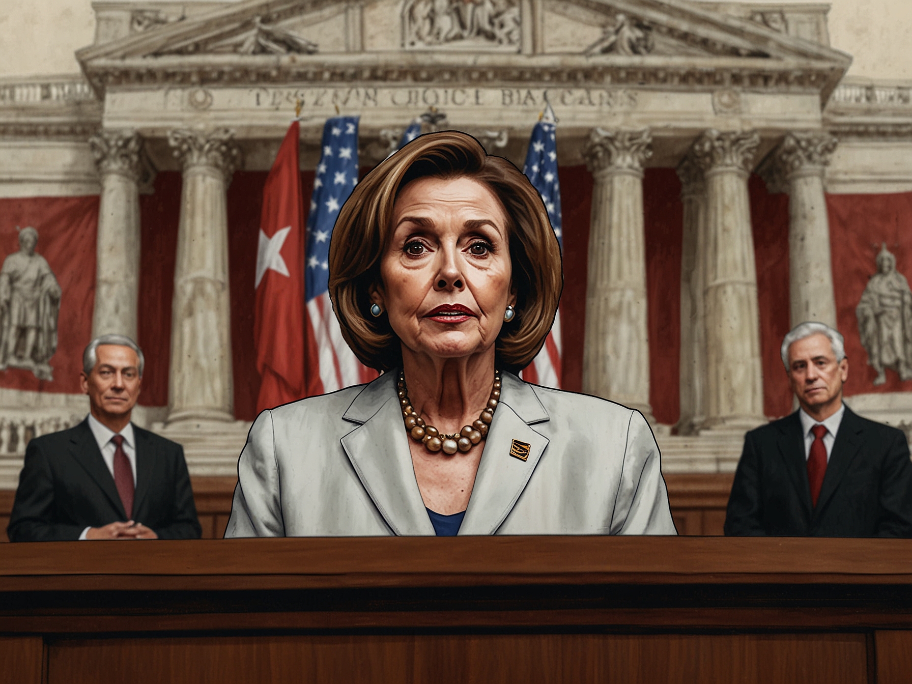 A visual representation of Pelosi in dialogue with community members, reflecting on faith, politics, and the challenges faced by Catholics in China.