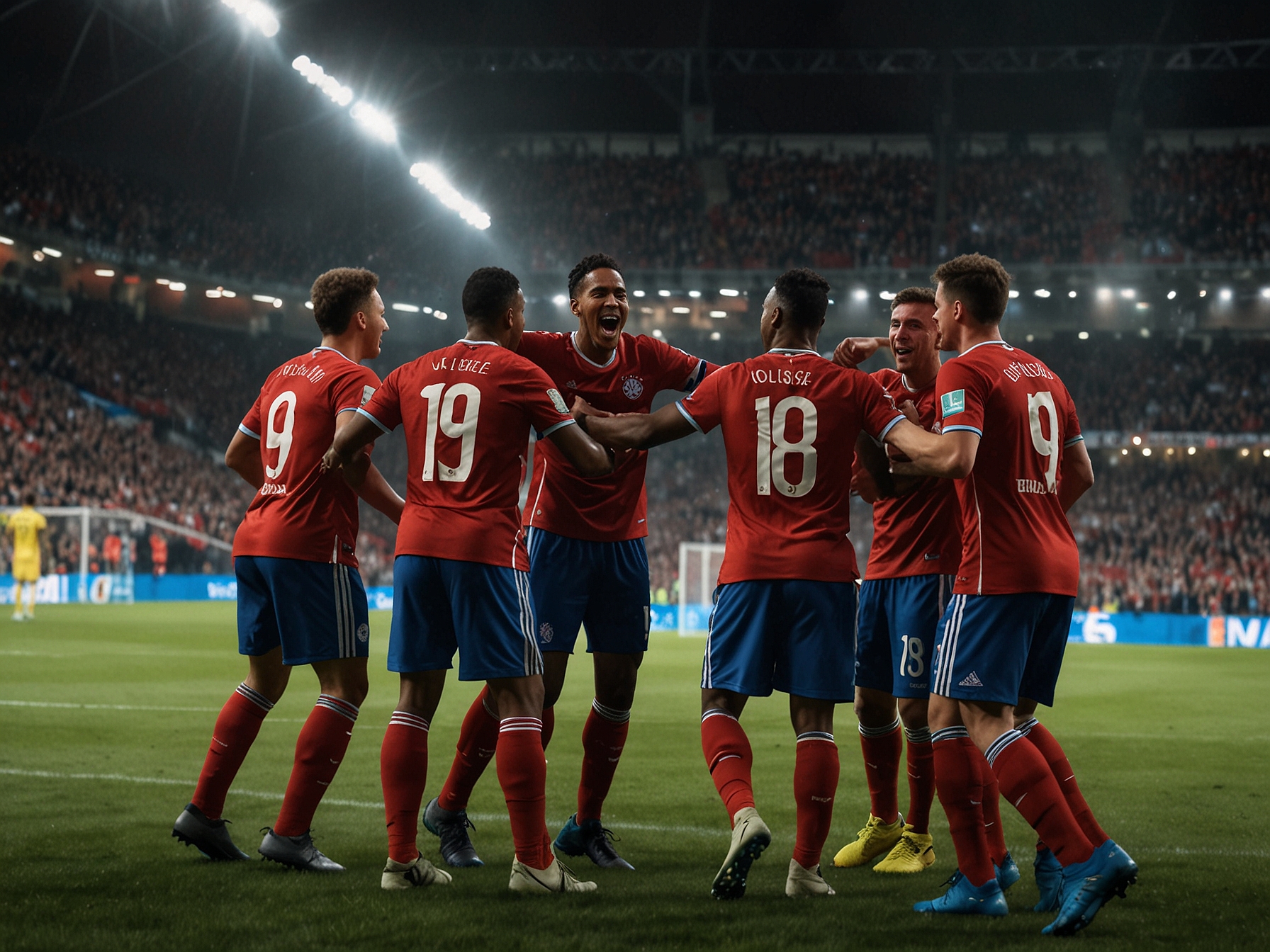 Bayern Munich players celebrating after scoring a goal, with Michael Olise in the spotlight, showcasing his skills and team spirit during a Champions League match.