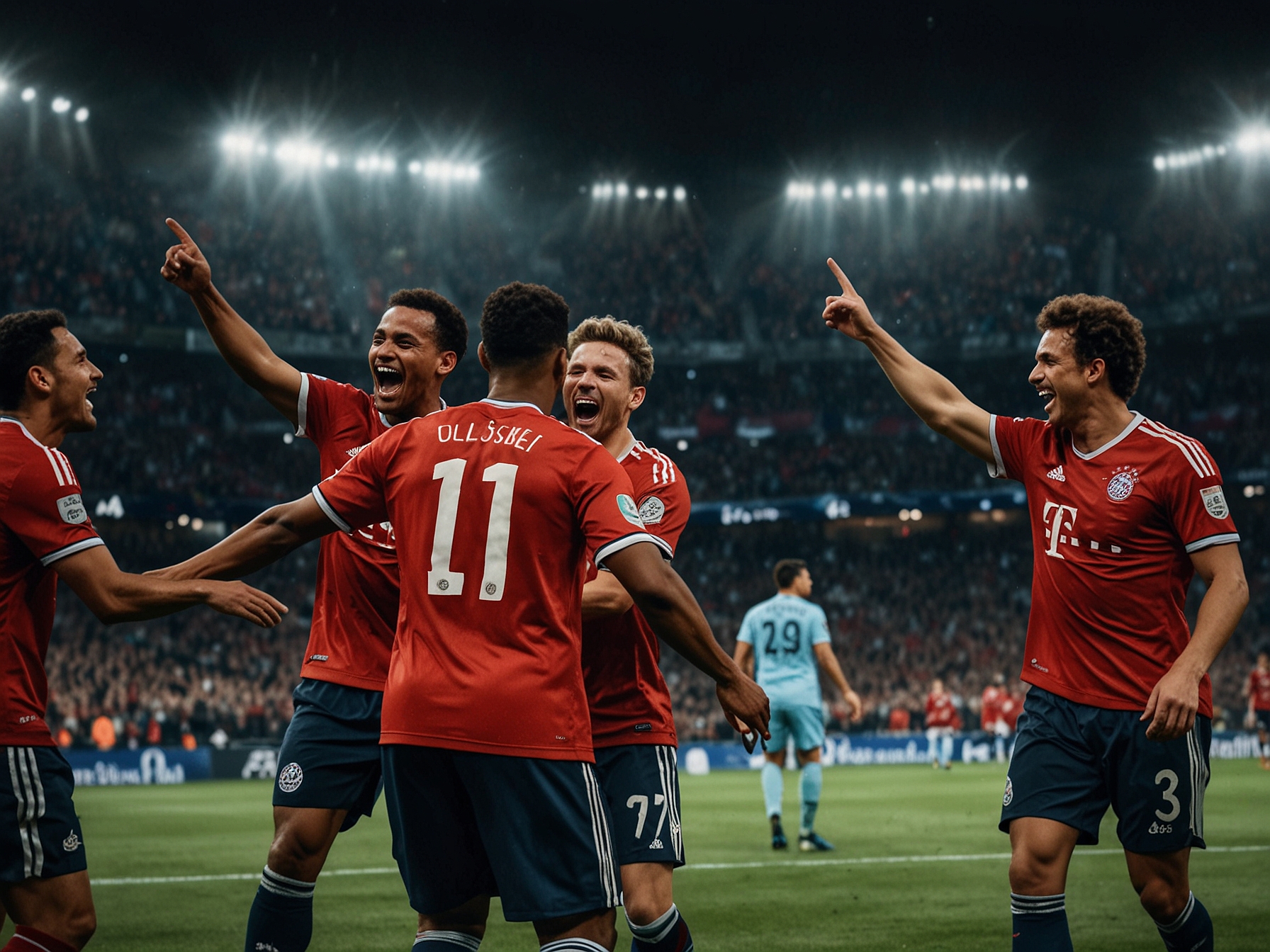 A thrilling moment from the match, capturing Bayern's dominance with players pushing forward against Shakhtar Donetsk's defense, showcasing the intensity of Champions League football.