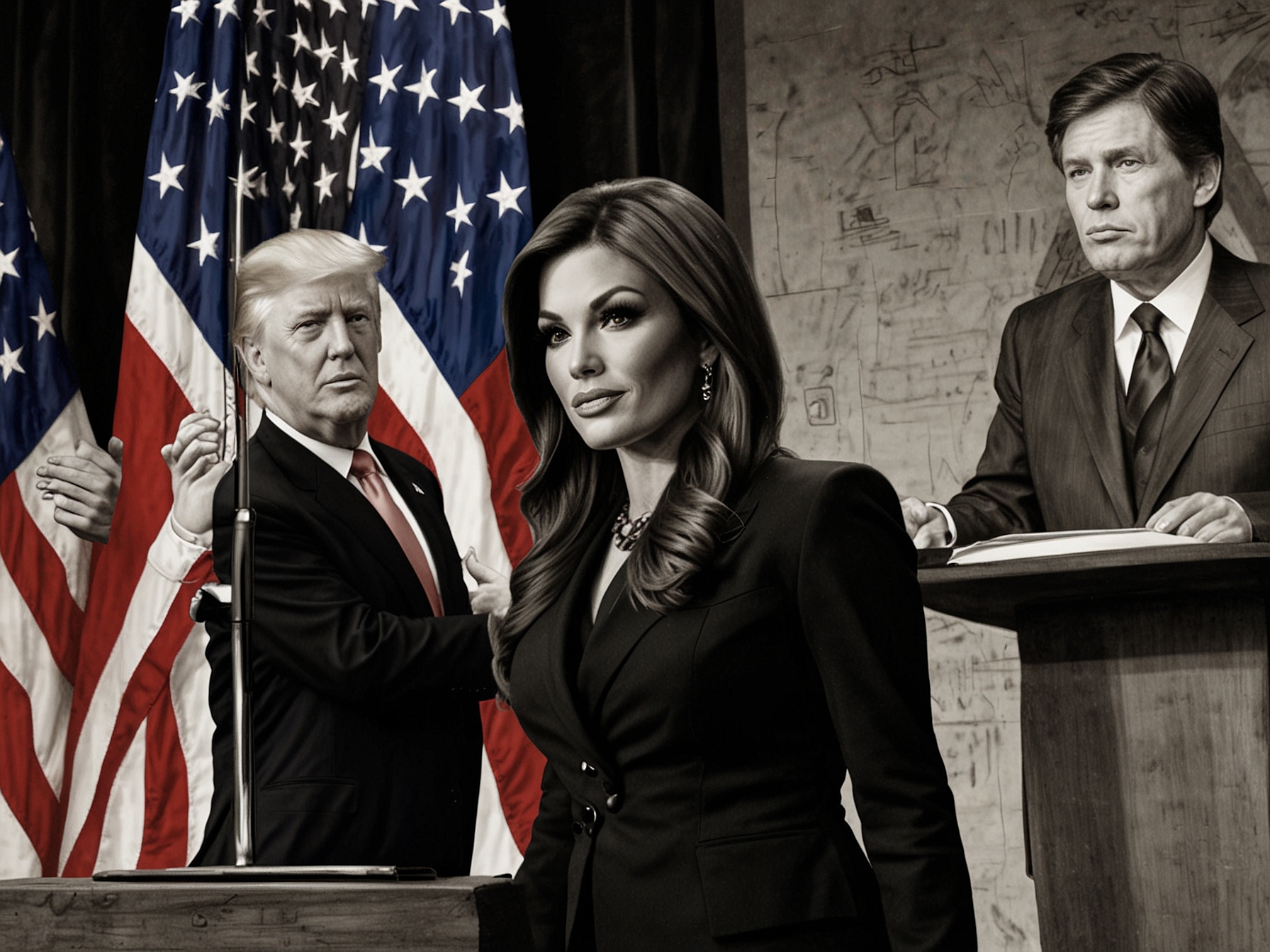 A split image featuring Donald Trump and Kimberly Guilfoyle at a press event, showcasing their close relationship and highlighting the political implications of her nomination.