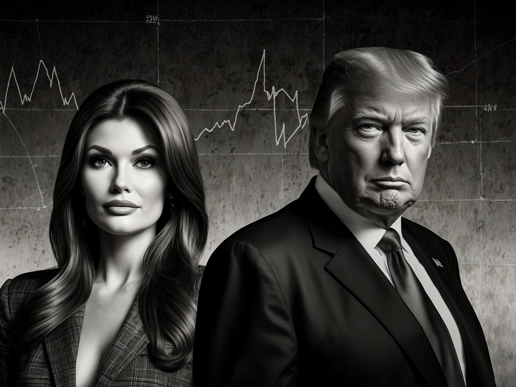 An expressive graphic illustrating the duality of personal and professional ties in politics, with Kimberly Guilfoyle in focus and elements representing both media and diplomacy.