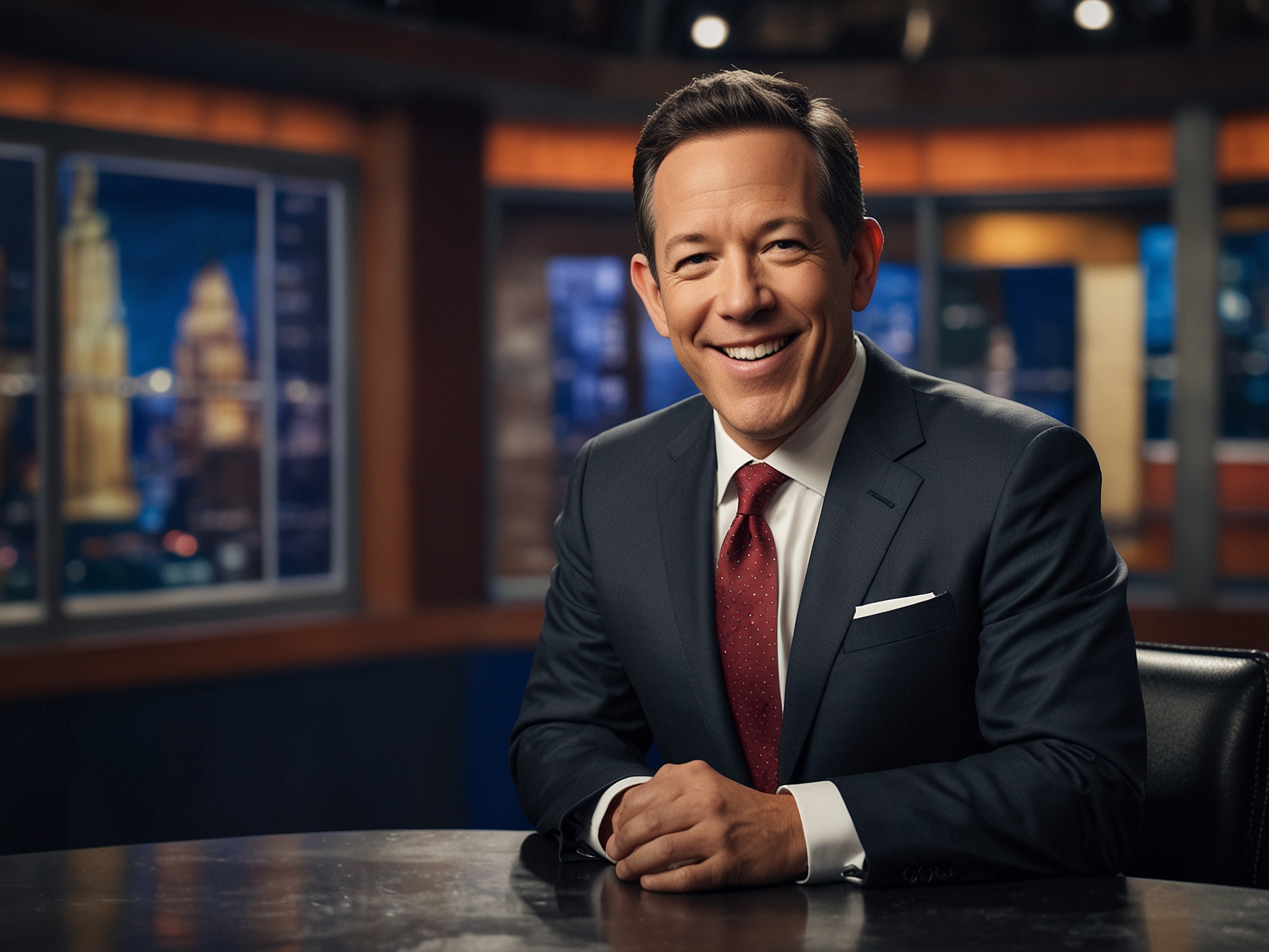 An image of Greg Gutfeld smiling confidently on set at Fox News, with co-hosts in the background engaging in a lively discussion, encapsulating the vibrant atmosphere of The Five.