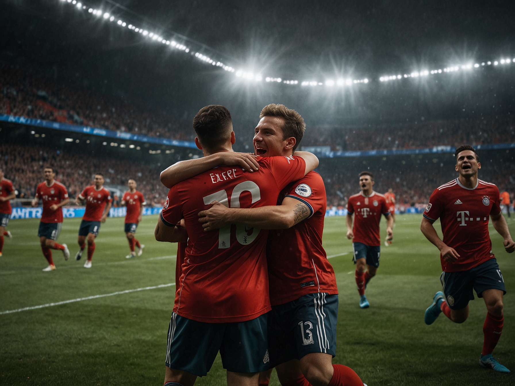 A dramatic moment from the match shows Bayern Munich players celebrating after scoring a goal against Shakhtar Donetsk, with fans in the background cheering enthusiastically.