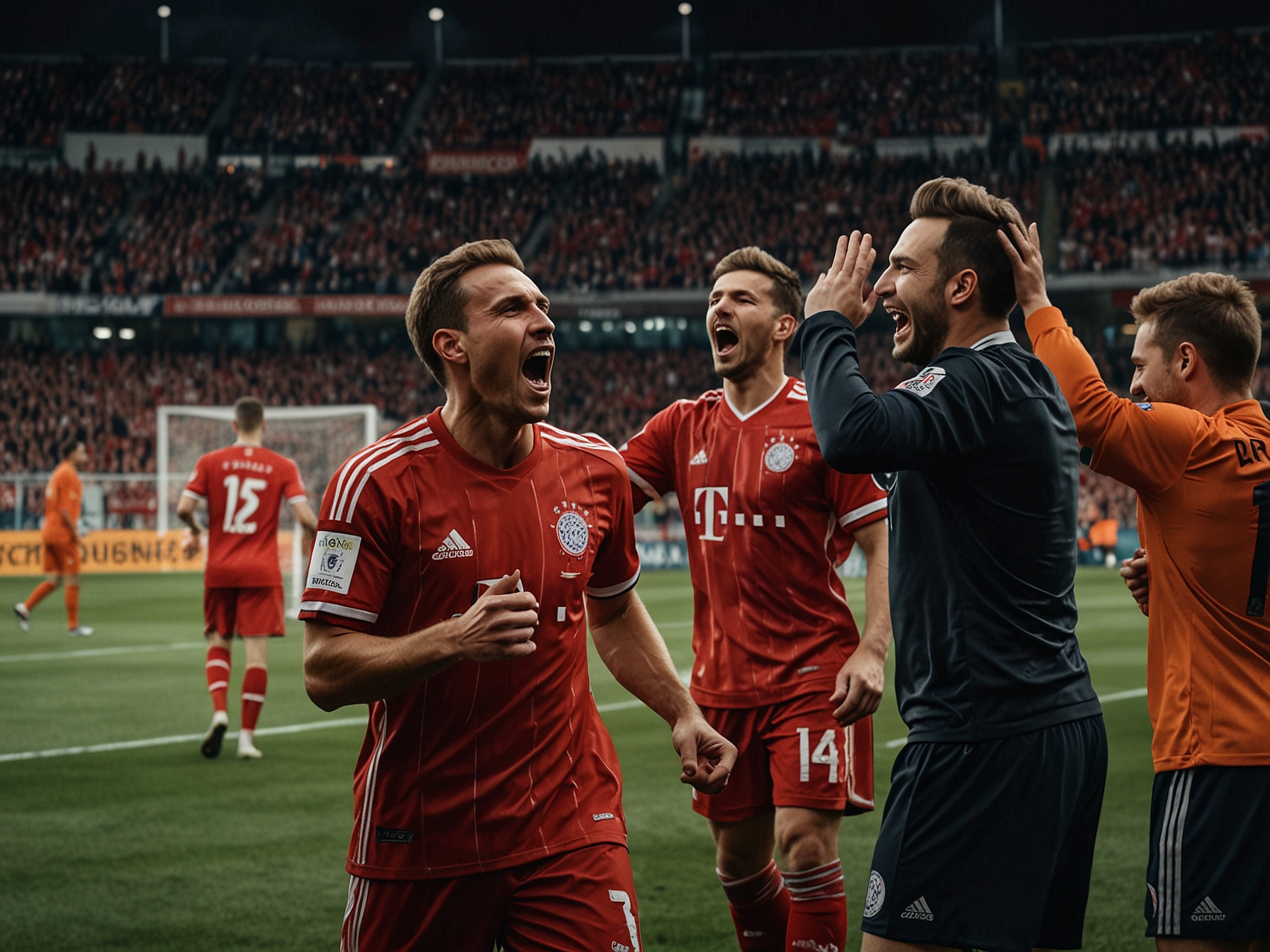 Bayern Munich's team huddled together in celebration post-match, radiating confidence and unity after their impressive 5-1 victory over Shakhtar Donetsk.