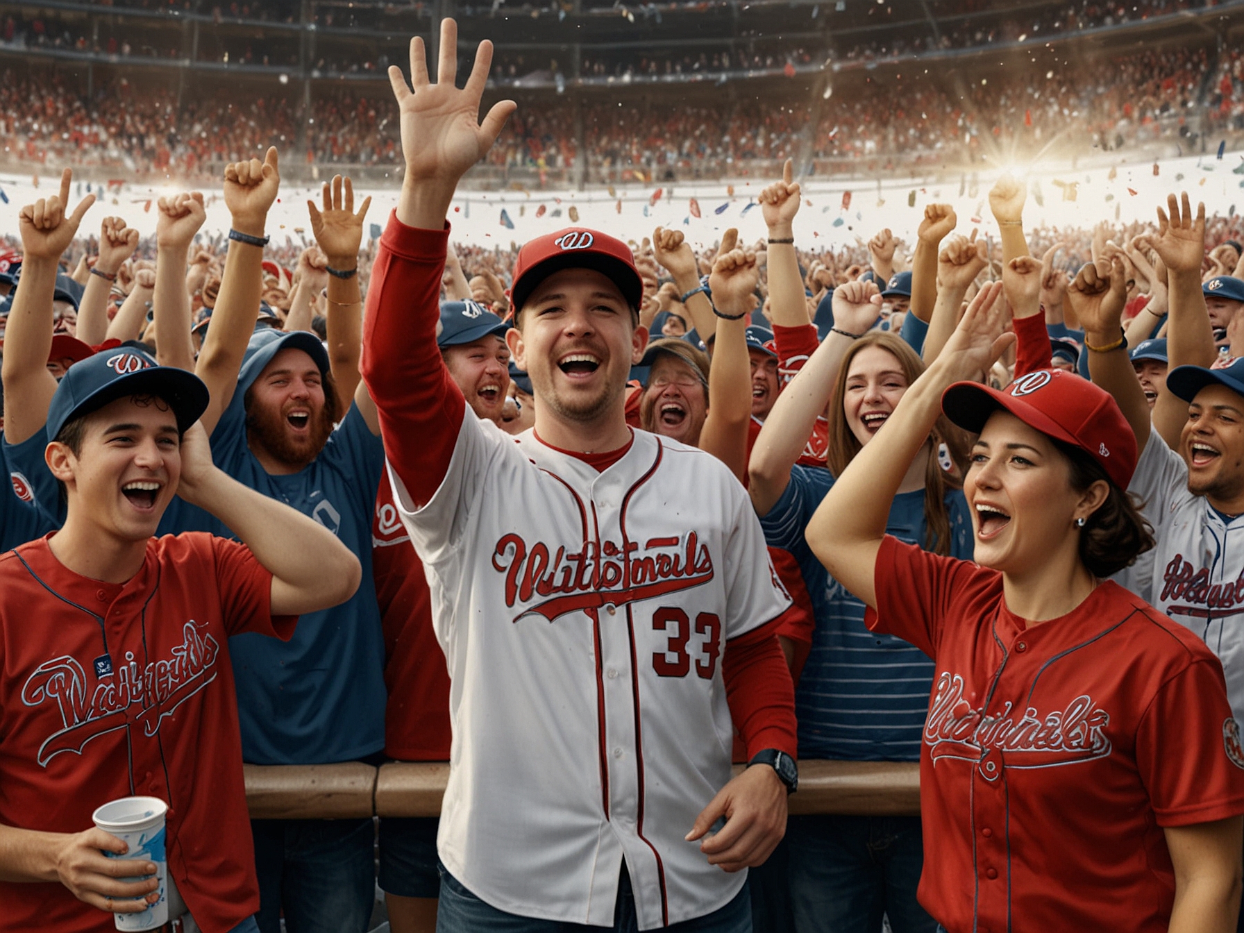 An enthusiastic crowd of Washington Nationals fans celebrating their team's win in the MLB draft lottery, holding signs and wearing team jerseys, filled with hope for future prospects.