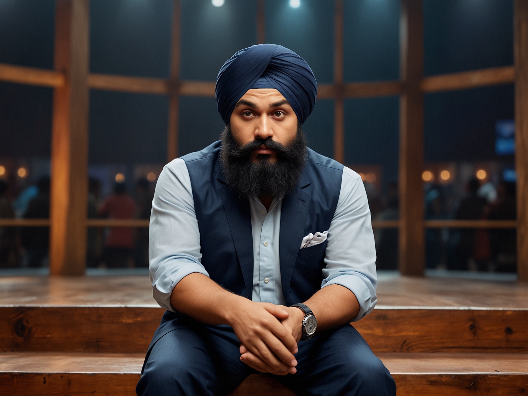 A close-up of Tajinder Bagga looking worried amidst the chaos, highlighting the emotional toll of the competition. Behind him, housemates engage in heated debates about alliances and strategies for survival.
