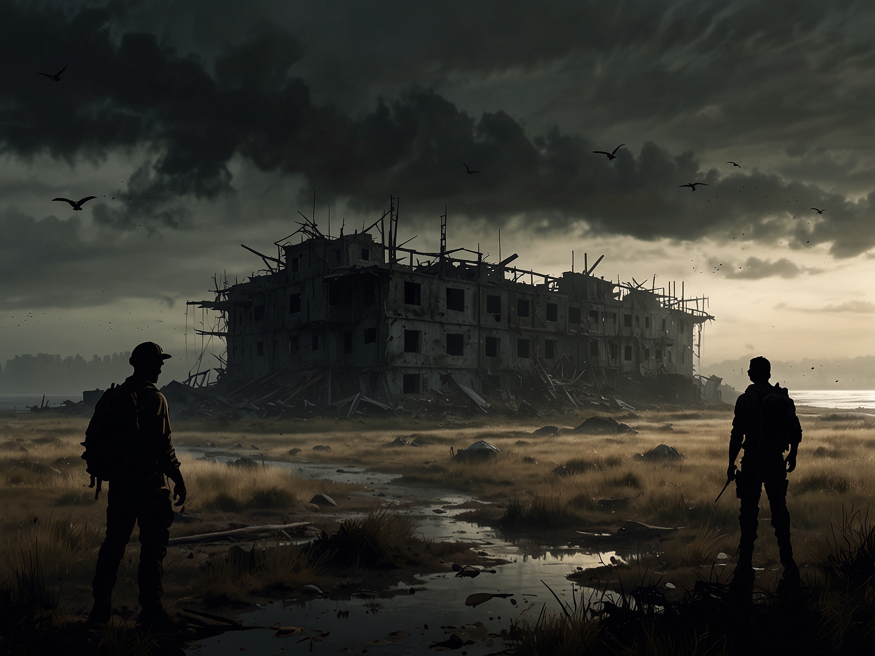 A haunting scene from a post-apocalyptic landscape with abandoned buildings overtaken by nature, evoking the eerie atmosphere of '28 Years Later'. In the foreground, silhouettes of survivors stand anxiously on a remote island, hinting at the dangers lurking beyond the horizon.