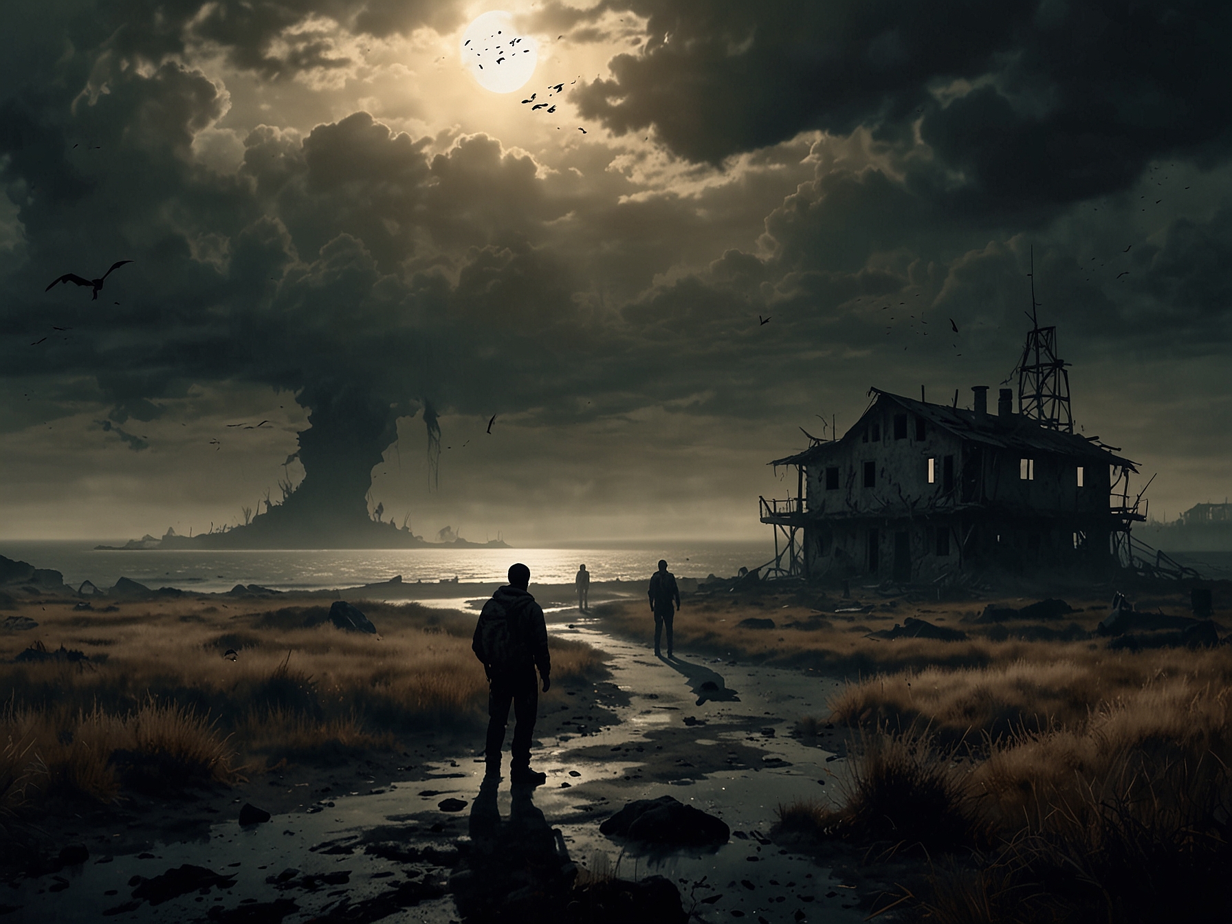 A collage of key characters from '28 Years Later', including Aaron Taylor-Johnson, Ralph Fiennes, and glimpses of Cillian Murphy's Jim in shadowy horror, representing the merging of past and present in this chilling franchise.