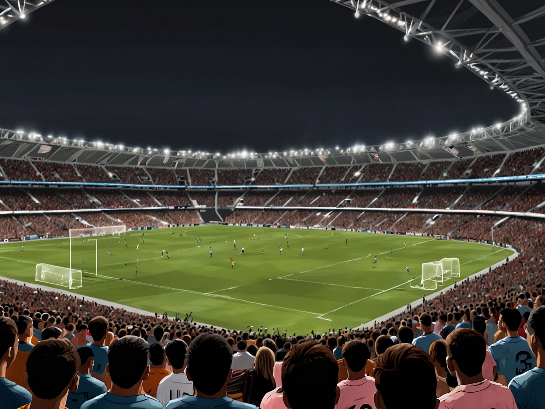 A vibrant soccer stadium packed with enthusiastic fans wearing Inter Miami jerseys, eagerly awaiting the kickoff of the Concacaf Champions Cup match against Sporting Kansas City. Banners and flags wave, setting a passionate atmosphere for the game.
