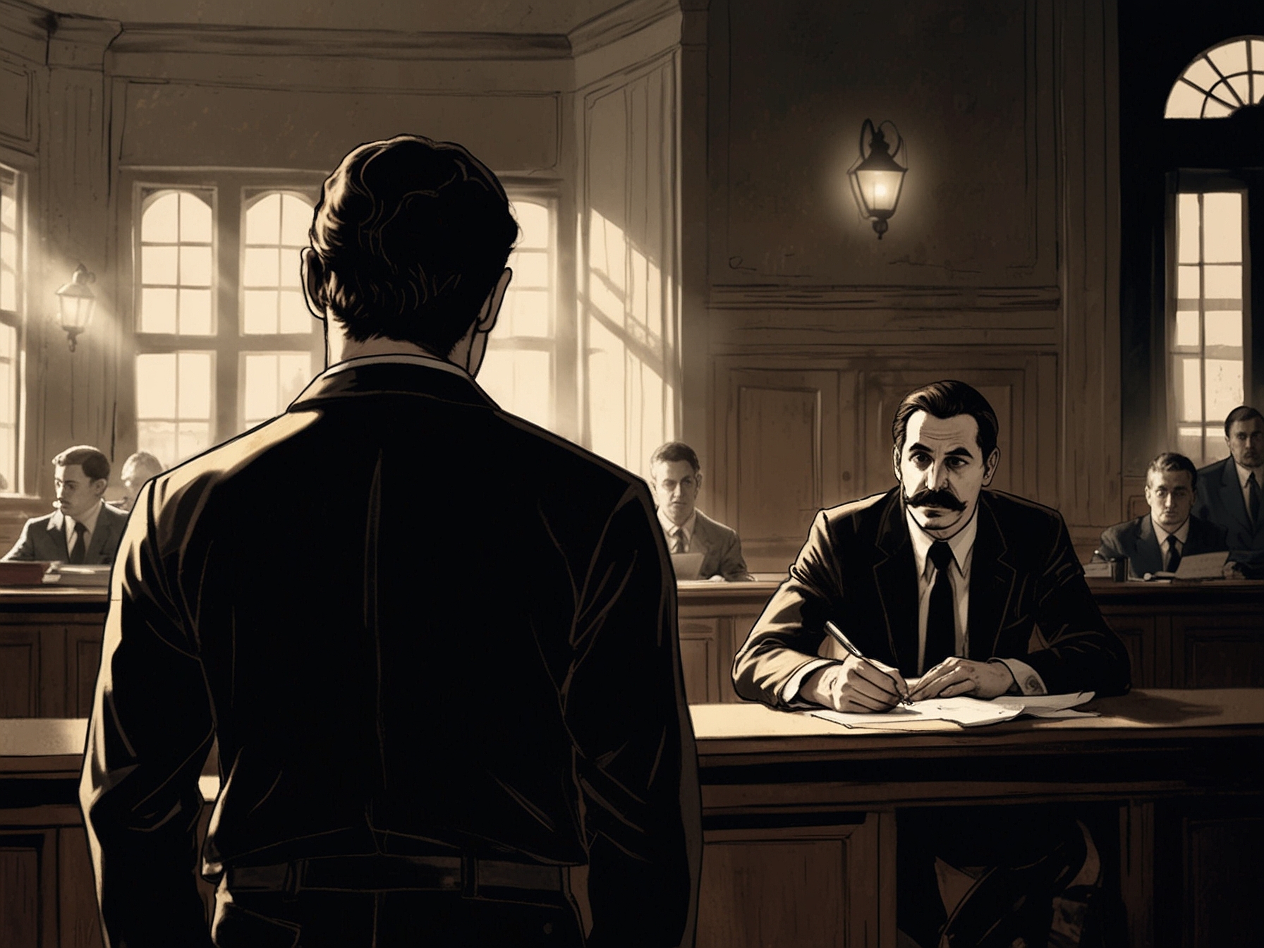 An illustration of Luigi Mangione surrounded by a shadowy figure representing his transformation from a classmate to a murder suspect, against the backdrop of a courtroom.