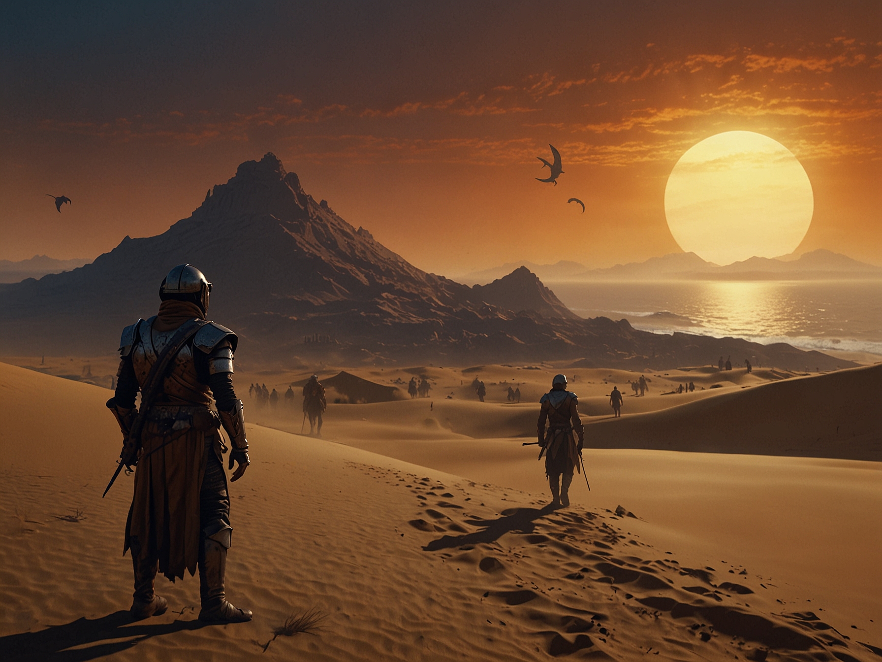 A cinematic scene from 'Dune: Part Two' showcasing the film's stunning visuals. The image captures a breathtaking landscape with characters in elaborate costumes, portraying the epic scale of the story.