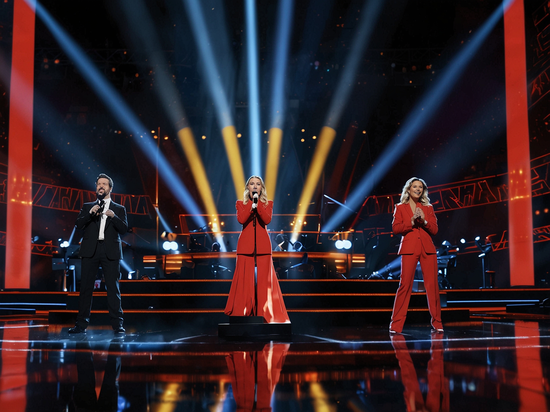 A vibrant stage lit up for The Voice Season 26 Finale, featuring the top artists passionately performing, reflecting their emotions and the culmination of their journey.