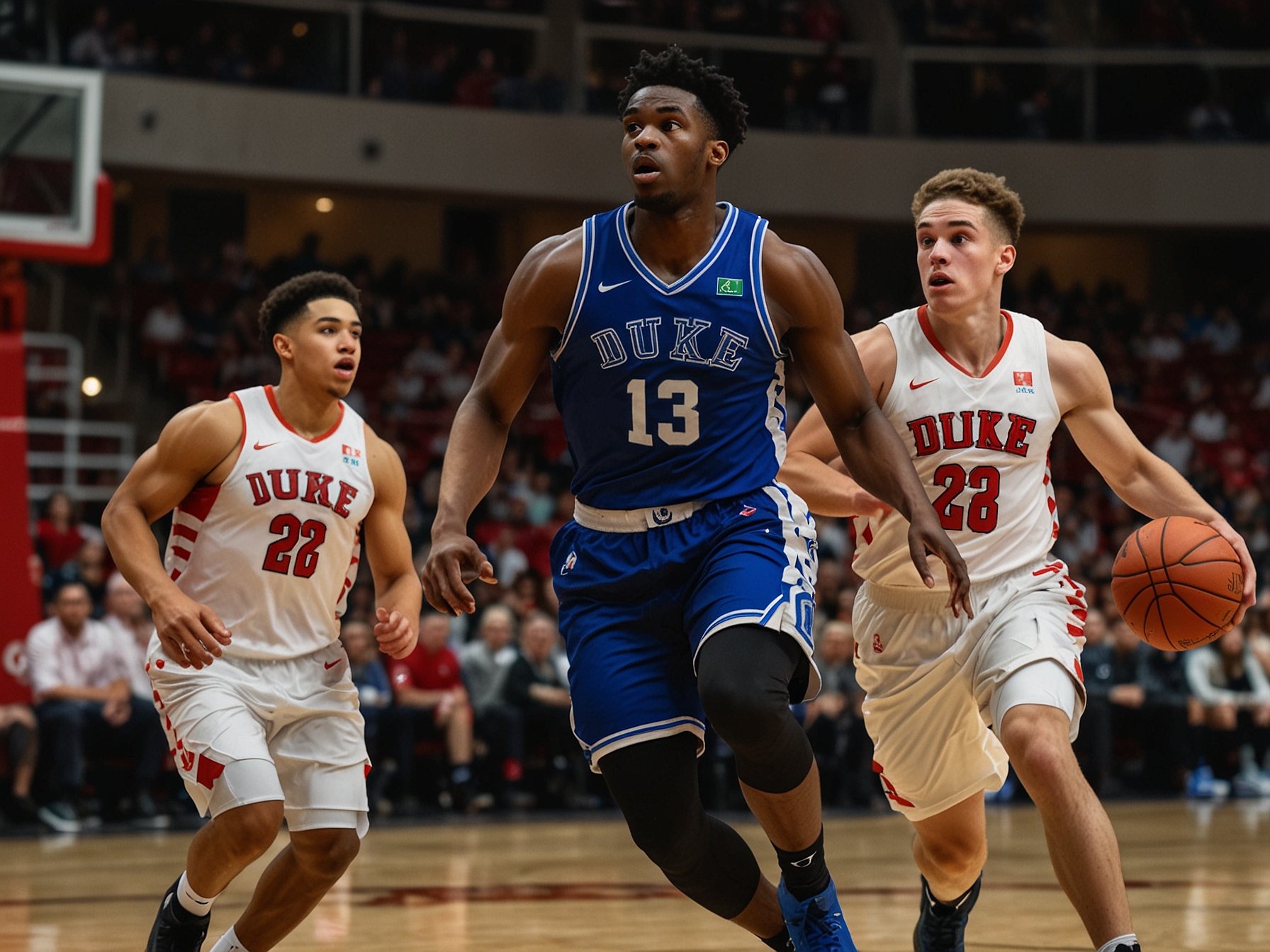 Duke basketball player Khaman Maluach driving to the basket against Incarnate Word defenders during a game, showcasing his height and athleticism.