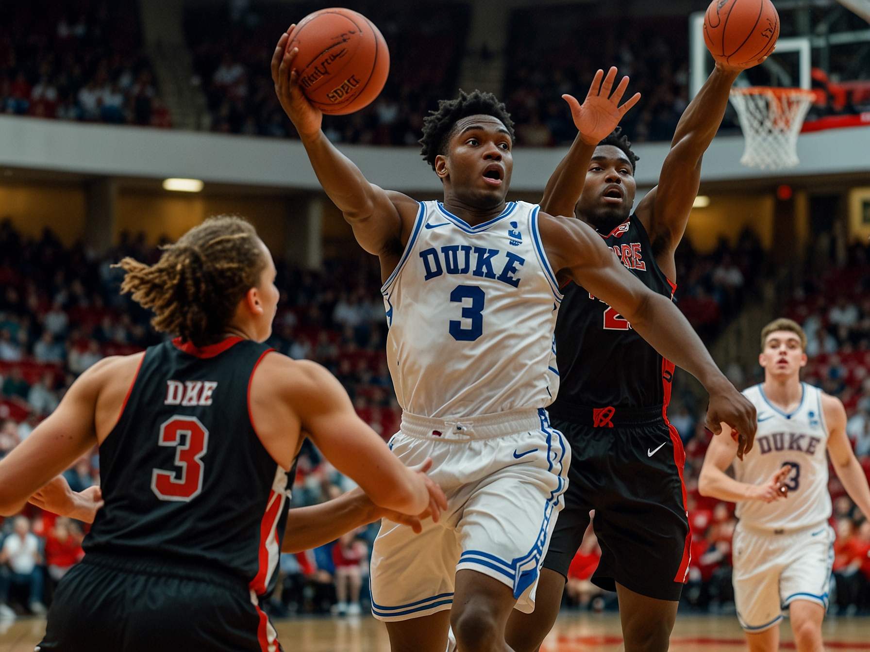 A wide shot of the Duke basketball team celebrating a basket, illustrating their teamwork and dominance on the court during the game against Incarnate Word.