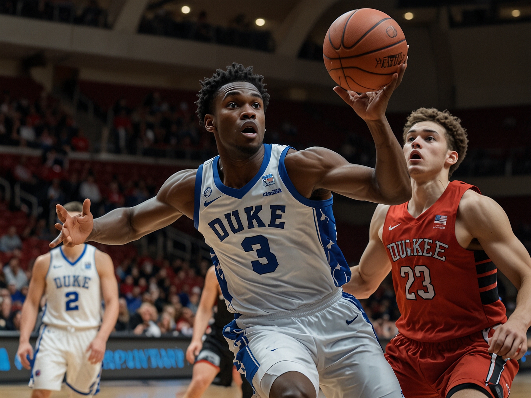 Duke fans cheering enthusiastically in the stands, highlighting the vibrant atmosphere and support for their team as they enjoyed the significant win.