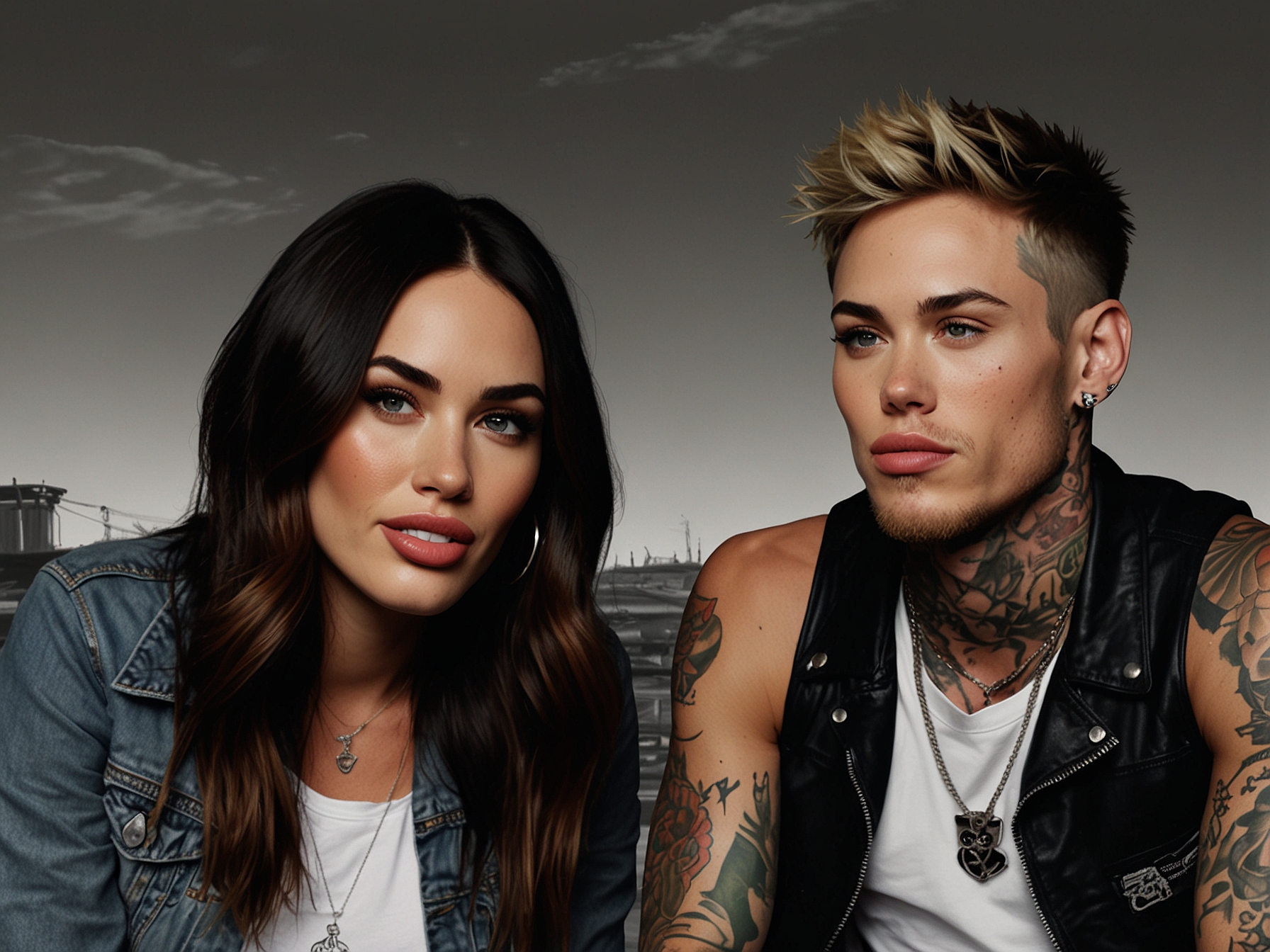 A split image featuring Megan Fox and Machine Gun Kelly in happier times, radiating joy and affection, contrasted with a somber backdrop representing their recent breakup. Both look contemplative, reflecting the emotional rollercoaster of their relationship.
