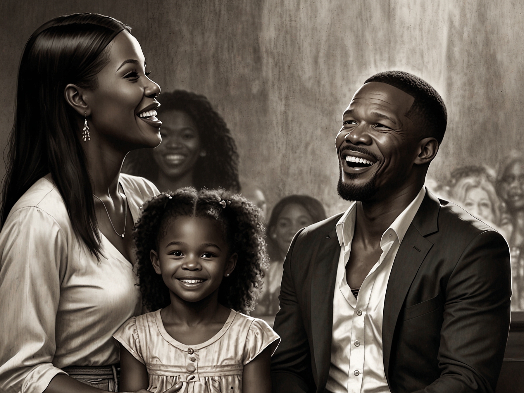 An emotional Jamie Foxx on stage during his Netflix special, smiling and using humor to narrate his health struggles while his daughters watch proudly from the audience, embodying strength and familial support.