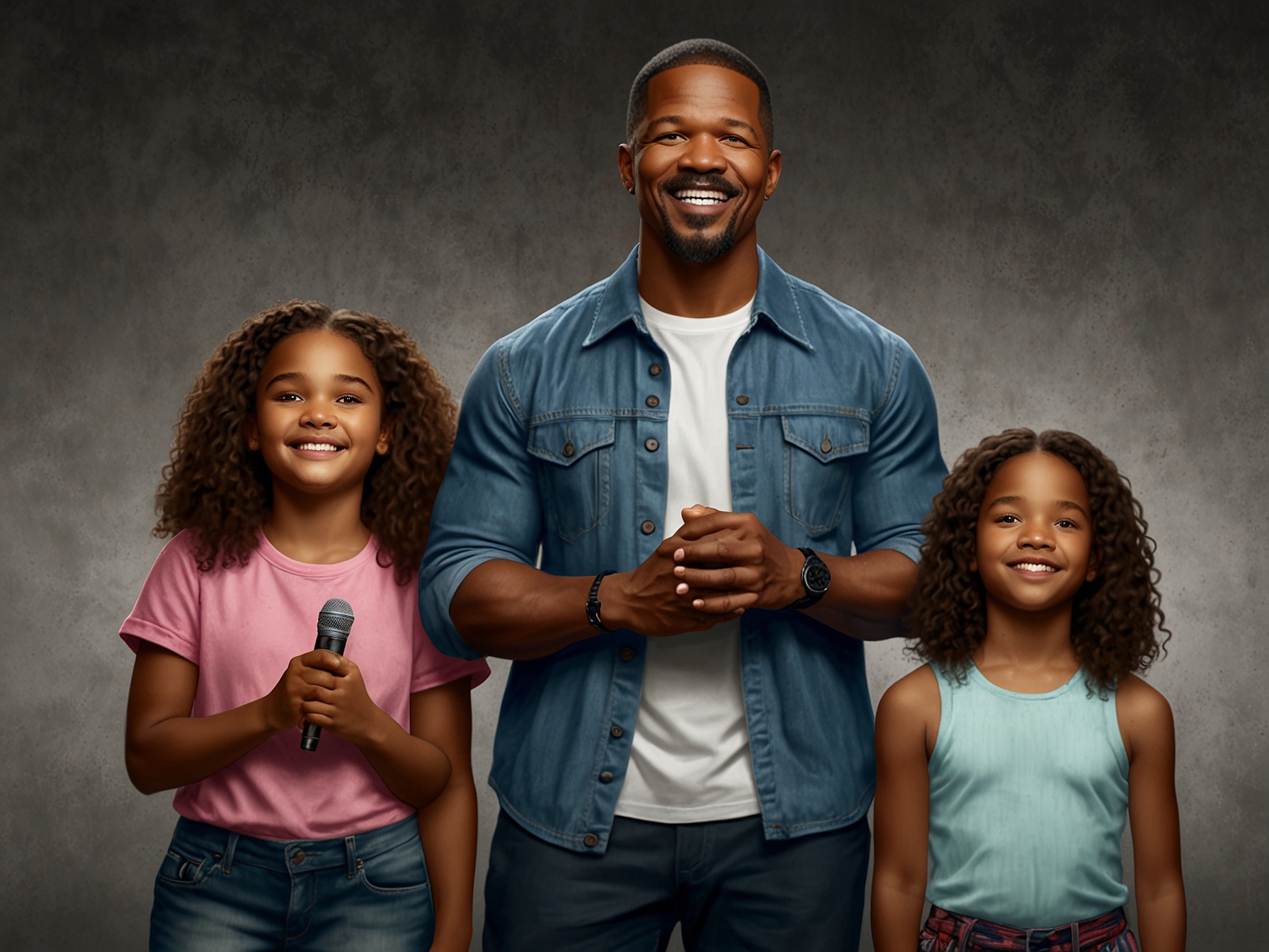 A close-up of Jamie Foxx laughing during his stand-up routine, with the backdrop lit up, showing a mixture of joy and relief on his face as he shares his journey of overcoming a health crisis.