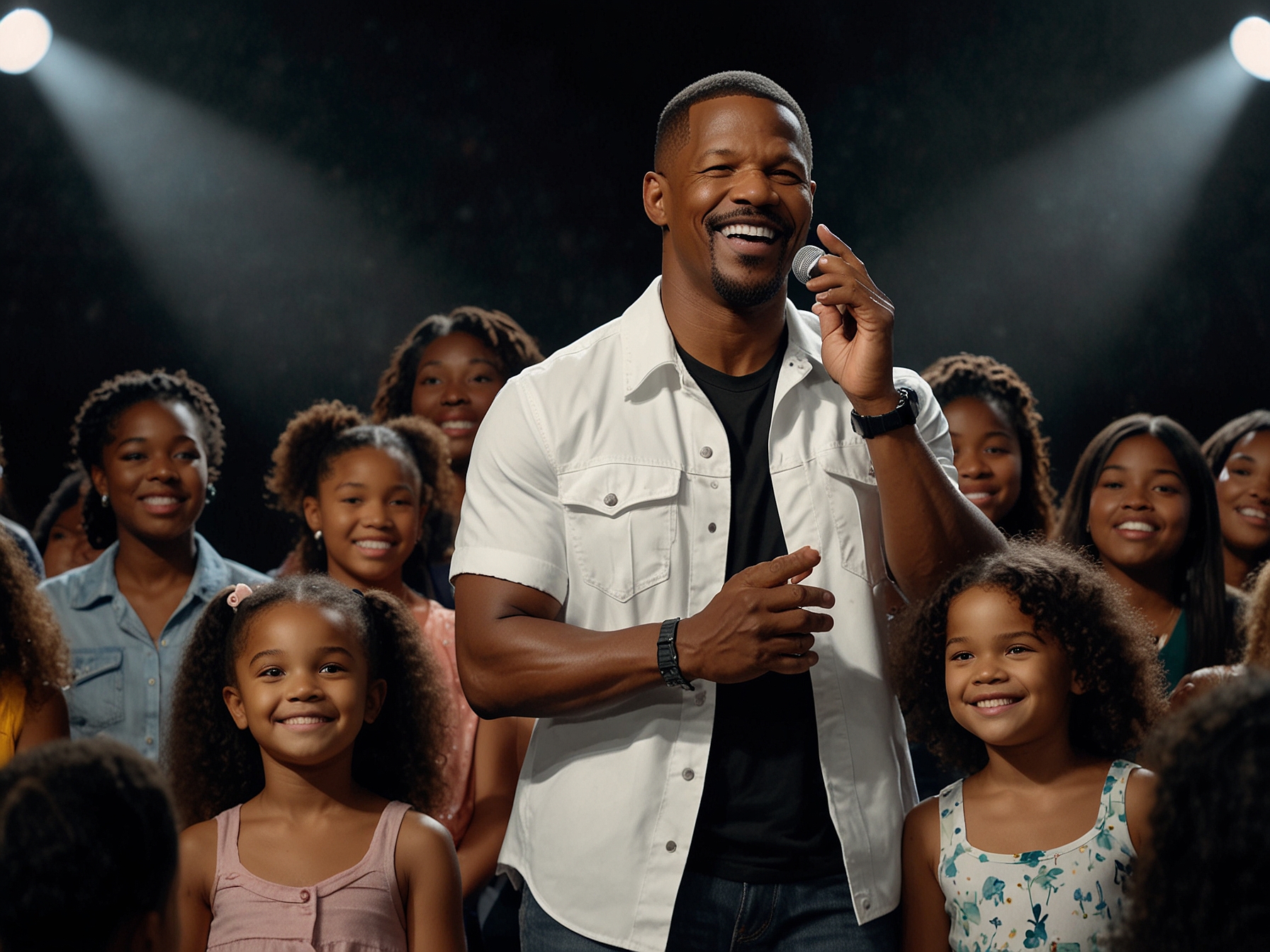 A soft-focus image showing Jamie Foxx in a reflective moment post-performance, surrounded by supportive family members, depicting the warmth of love and gratitude during his recovery process.