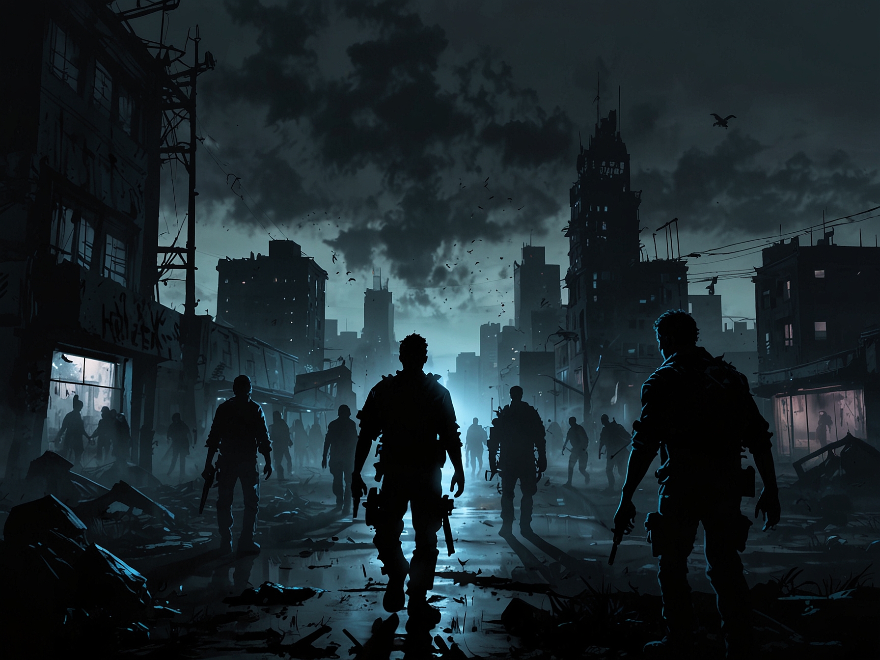 A dark landscape depicting a post-apocalyptic city overrun by zombies, with silhouettes of new characters, emphasizing the tension and danger they face.