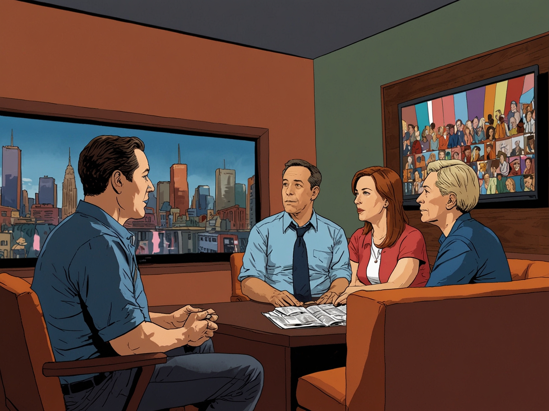 A concerned group of fans sitting in front of a TV, looking puzzled and discussing Greg Gutfeld's absence from Fox News amidst colorful visuals associated with his show.