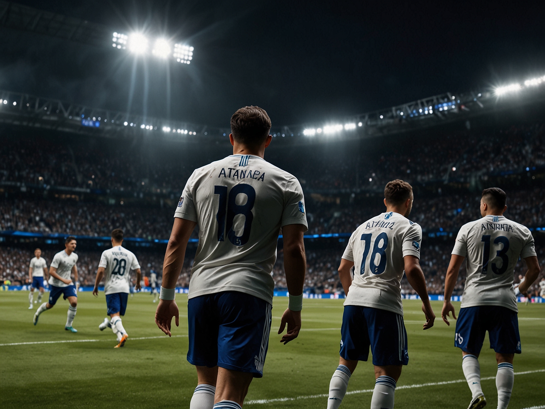 A dramatic moment from the Champions League match featuring Real Madrid and Atalanta, showcasing players in action with intense expressions and a packed stadium in the background.