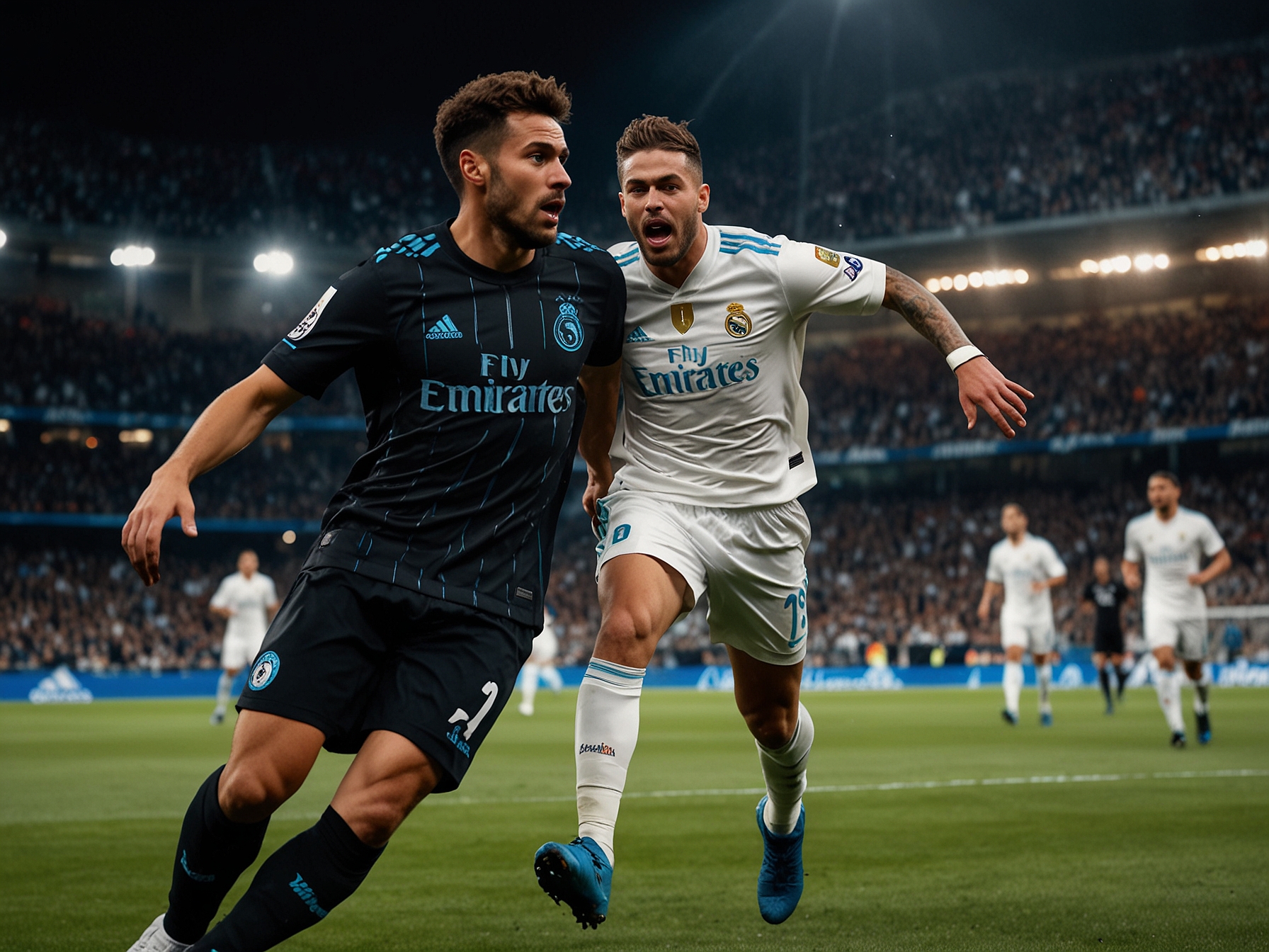 Vinicius Junior and Jude Bellingham celebrating after scoring goals, with fans cheering in the stands, reflecting the highs and lows of the thrilling match.