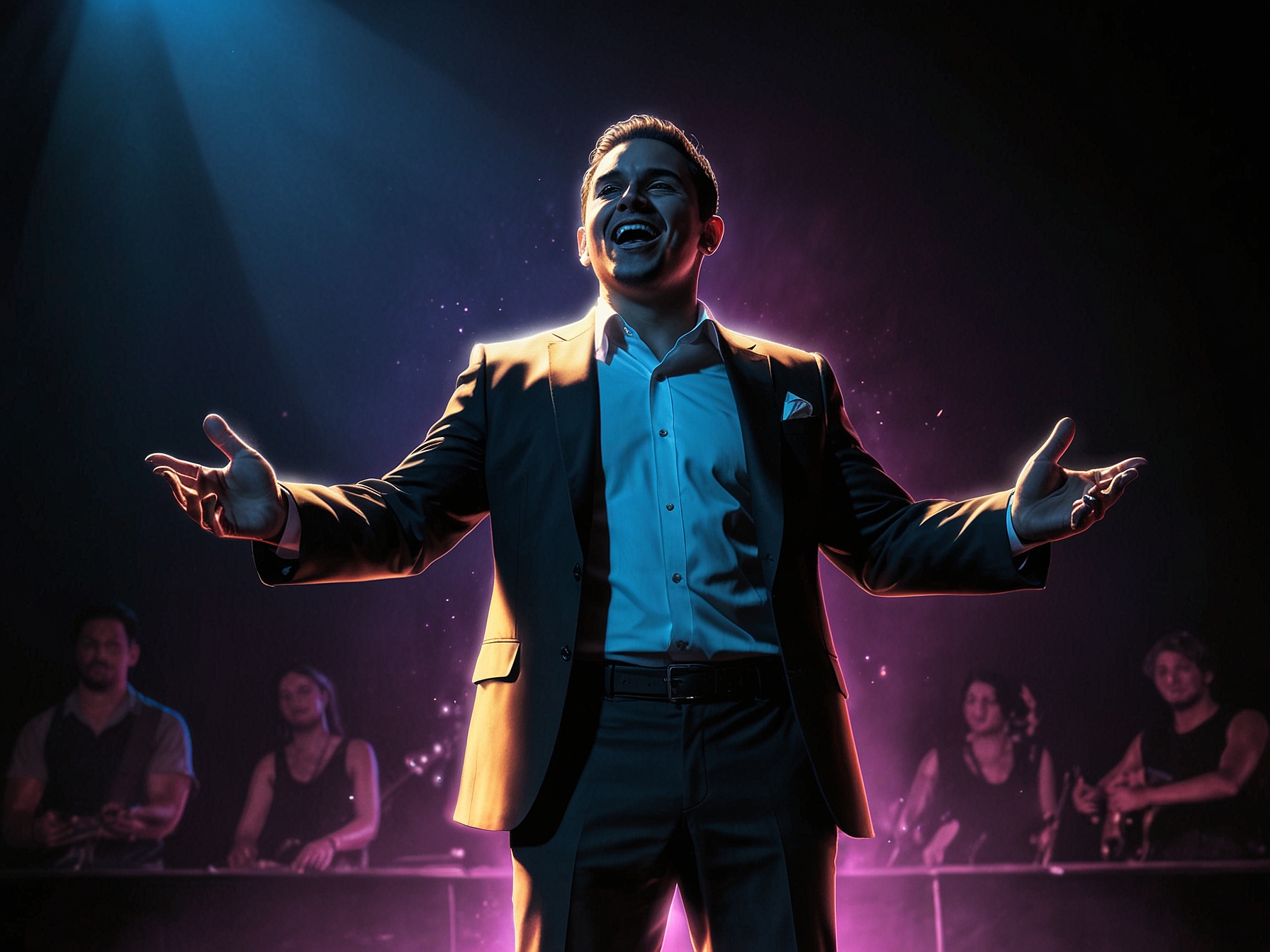 Sofronio Vasquez performing on stage, illuminated by vibrant lights, with an emotional expression showcasing his dedication and passion for music.