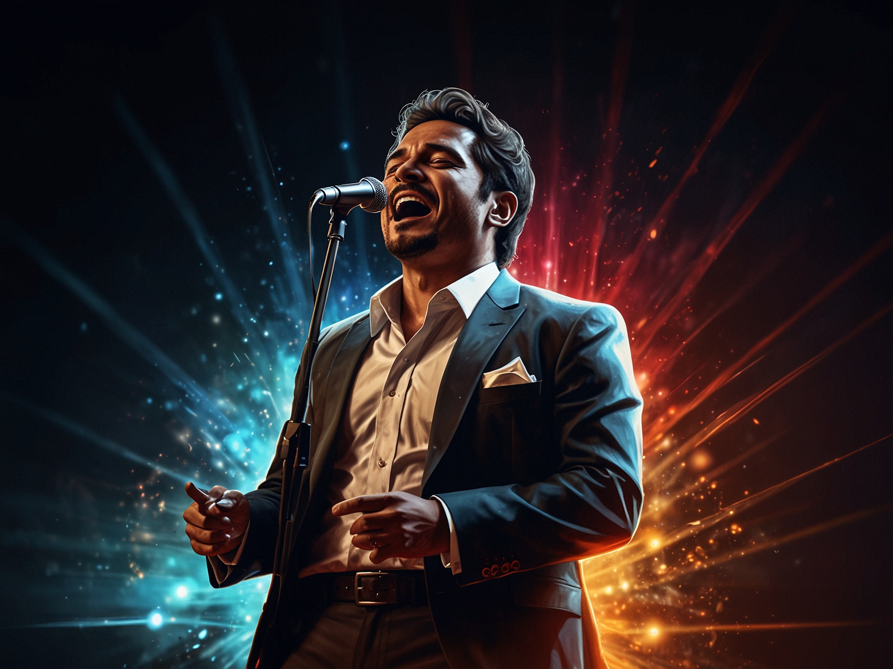 A close-up of Sofronio Vasquez singing into the microphone, displaying intense focus and vulnerability as he connects with the audience through his music.