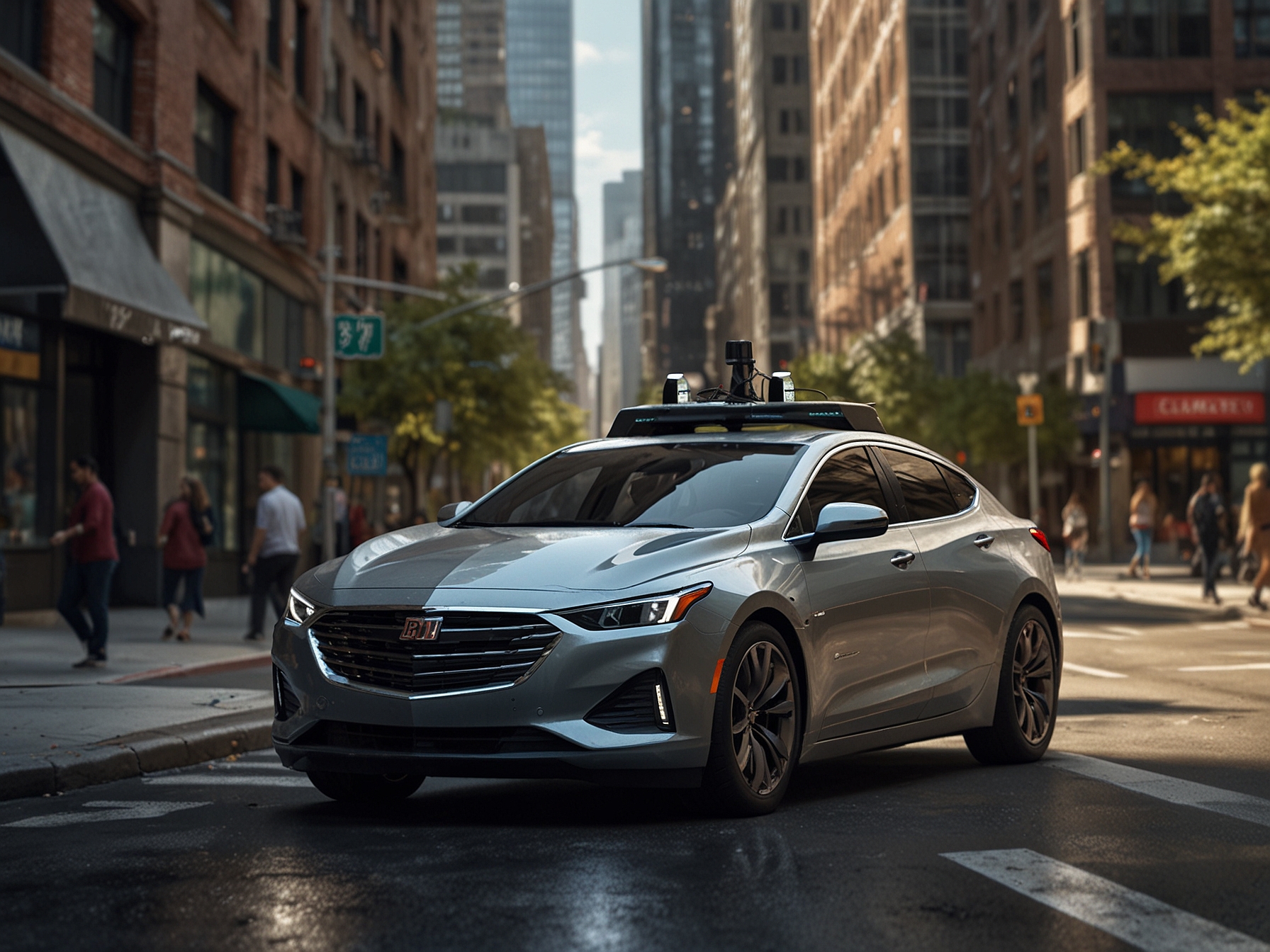 An illustration of a GM-branded vehicle equipped with advanced driver-assistance features navigating a city street, symbolizing the shift from robotaxis to enhanced driving aids.