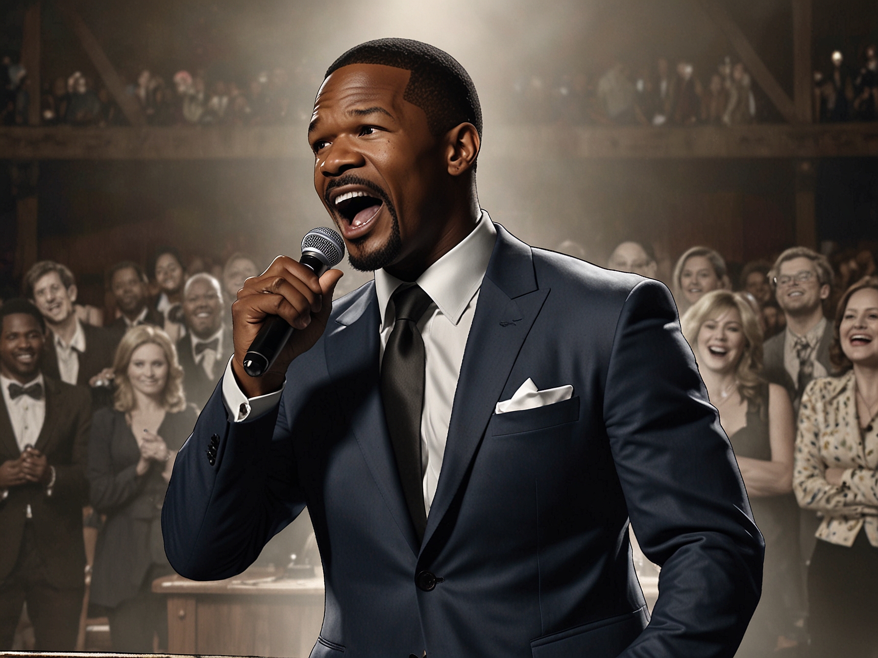 A stage scene showing Jamie Foxx performing stand-up comedy, animated and engaging the audience with laughter after his health scare, highlighting his triumphant return.