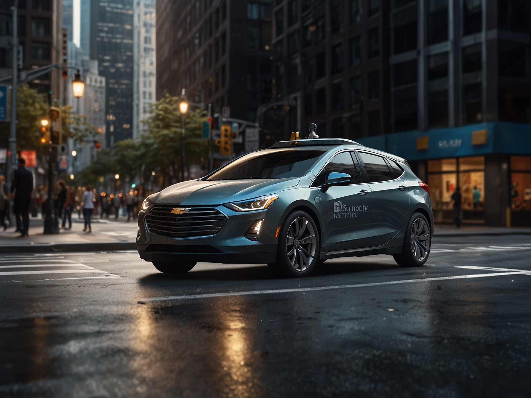 A photo of a Cruise autonomous vehicle in an urban setting, alongside traditional cars, showcasing the competitive landscape of self-driving technology.