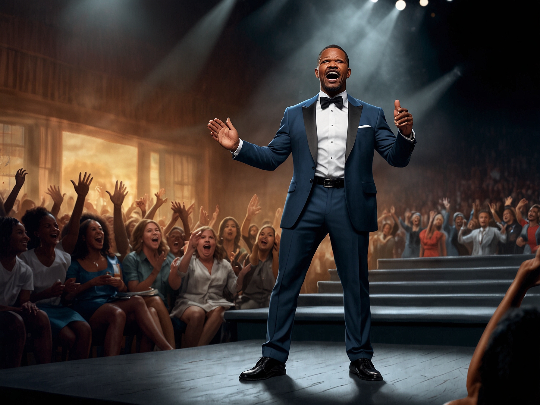 A heartwarming moment where Jamie Foxx shares the stage with his daughters, showcasing their bond and support during his recovery, filled with love and humor.
