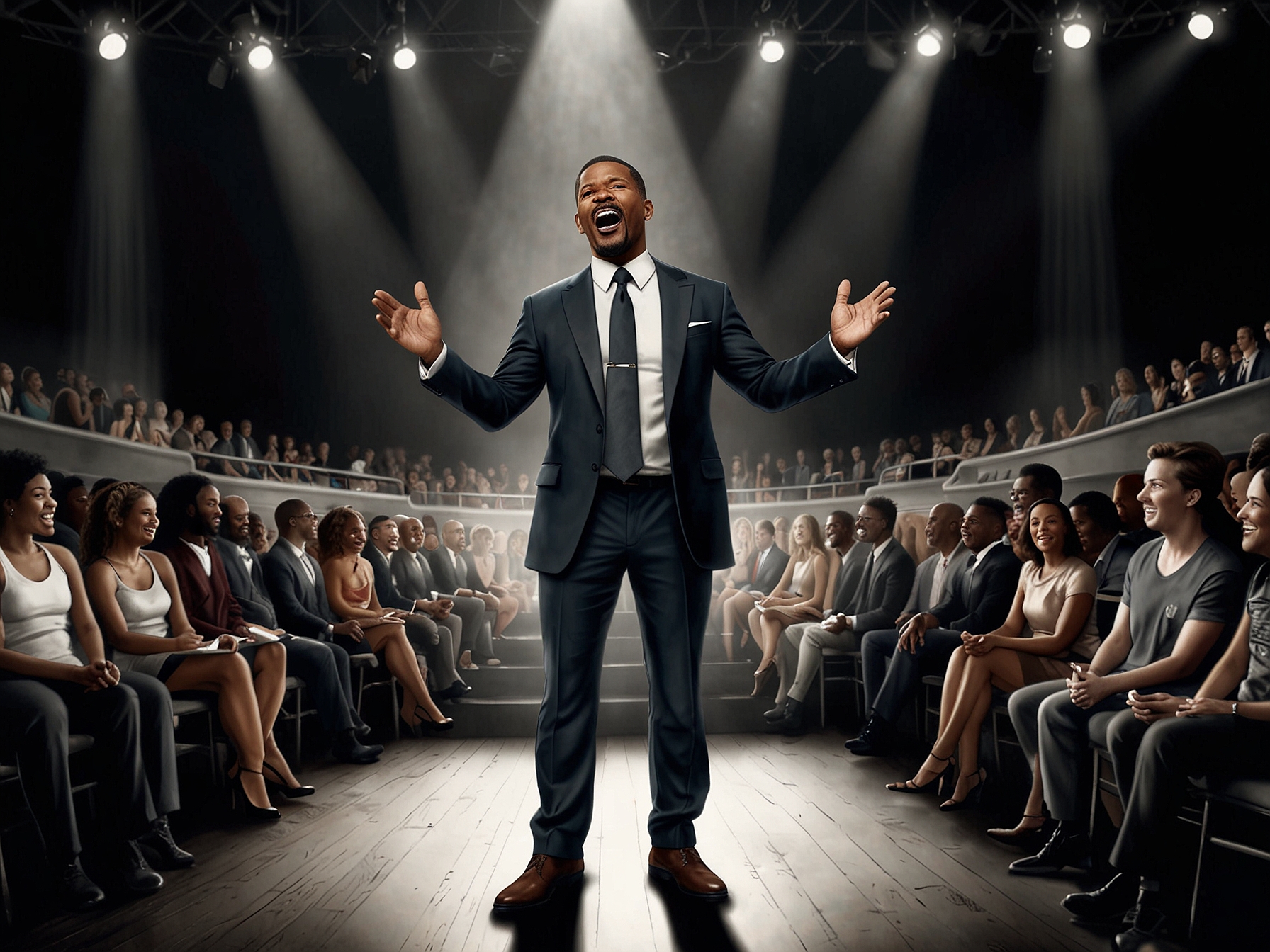 A vibrant audience filled with laughter, embodying the joy and healing power of comedy as Jamie Foxx discusses his health journey and resilience.