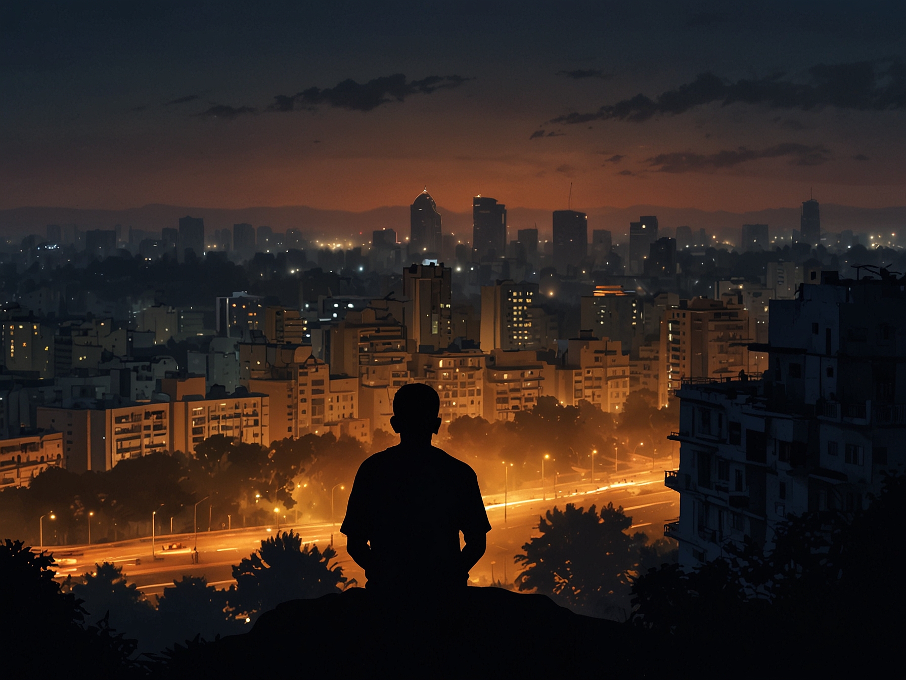 A somber cityscape of Bengaluru at dusk, symbolizing loss and introspection, with a spotlight effect on a silhouette of a man looking down, hinting at the struggles faced by Atul Subhash.