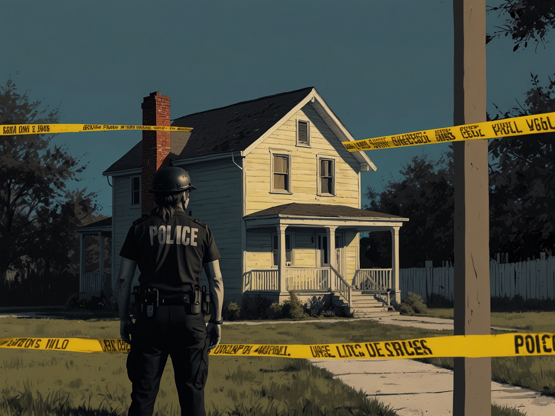 An image of a modern house with police tape around it, symbolizing a burglary scene. Olivia Ponton can be seen in the foreground looking distressed, highlighting the unsettling emotions of the incident.