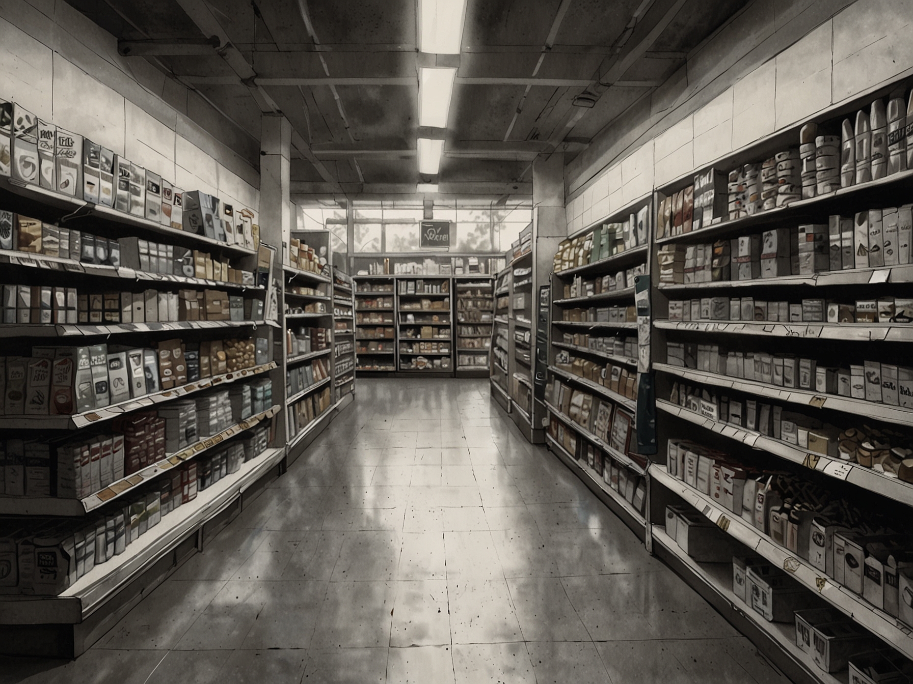 An image featuring a grocery store aisle showcasing a variety of products, symbolizing competition between major retailers. Brightly lit shelves filled with various brands illustrate the choices available to consumers amidst ongoing market changes.