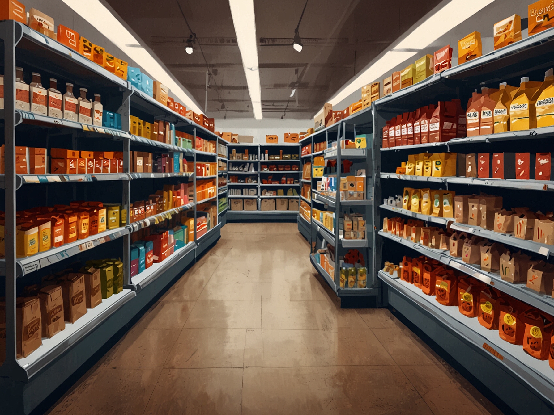 A small independent grocery store contrasted with a large chain supermarket, depicting the challenges faced by smaller retailers in maintaining competition against corporate giants like Kroger and Albertsons.