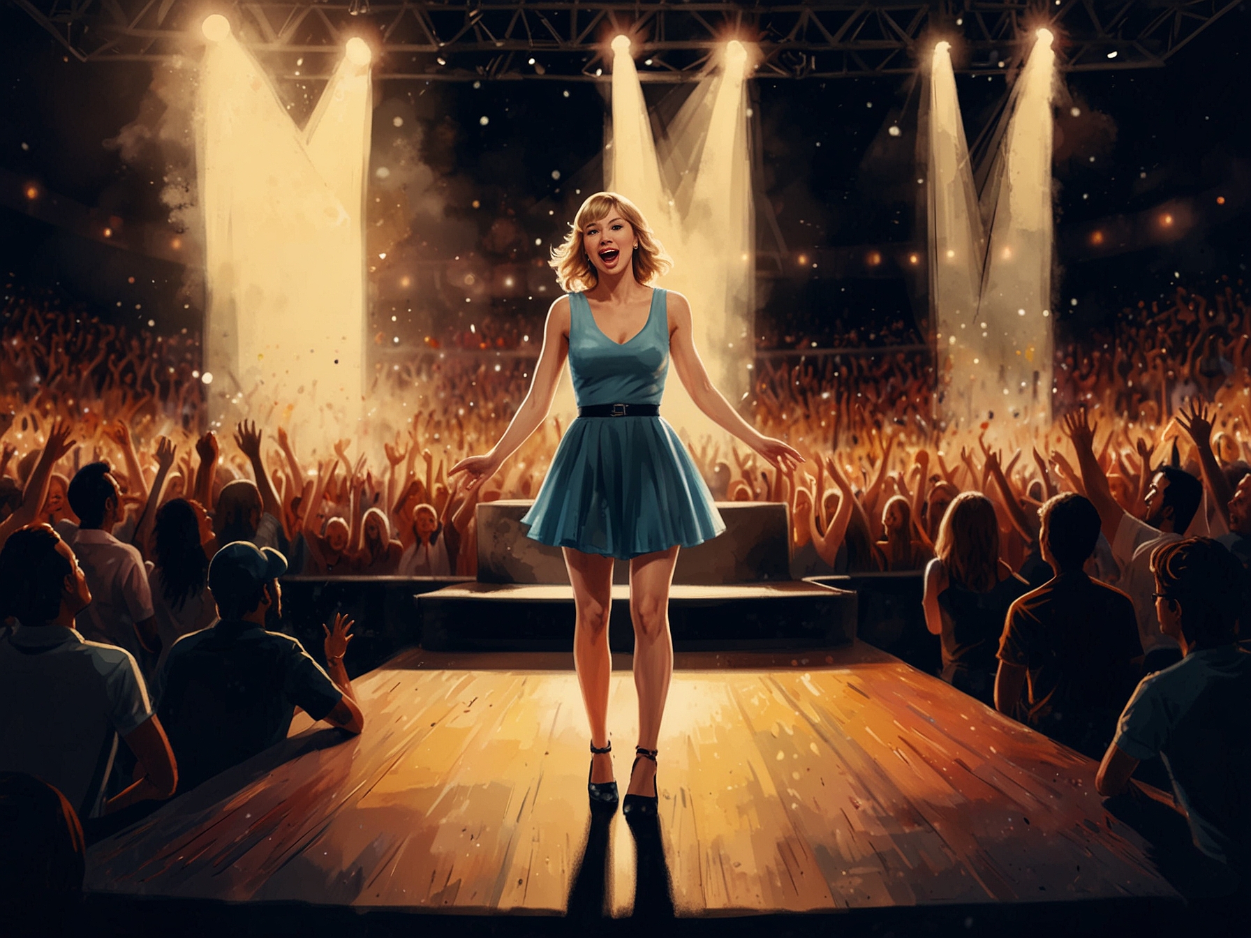 A vibrant concert scene showcasing Taylor Swift performing on stage, surrounded by enthusiastic fans and a diverse crew working diligently behind the scenes.