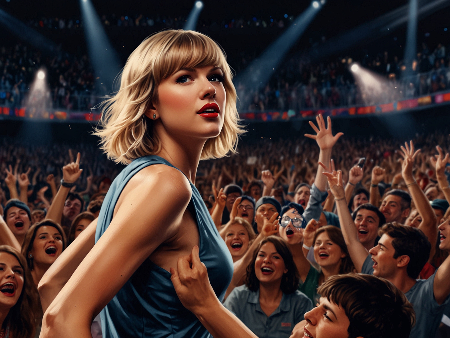 An illustration depicting Taylor Swift smiling as she hands out bonus checks to her crew members, emphasizing teamwork and appreciation in the music industry.