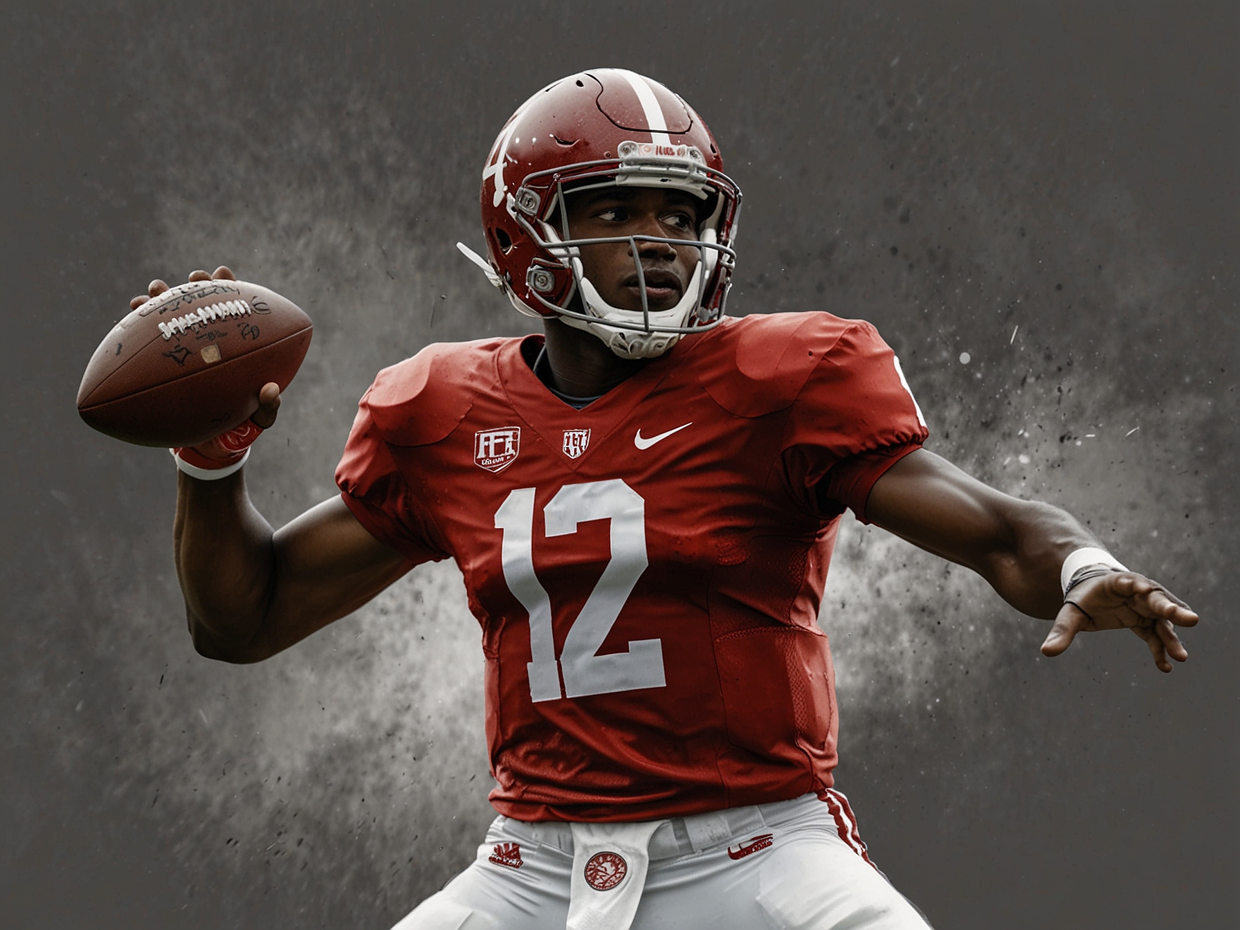 Jalen Milroe in his Alabama football uniform, confidently throwing a pass during a game, symbolizing both athletic prowess and academic success.