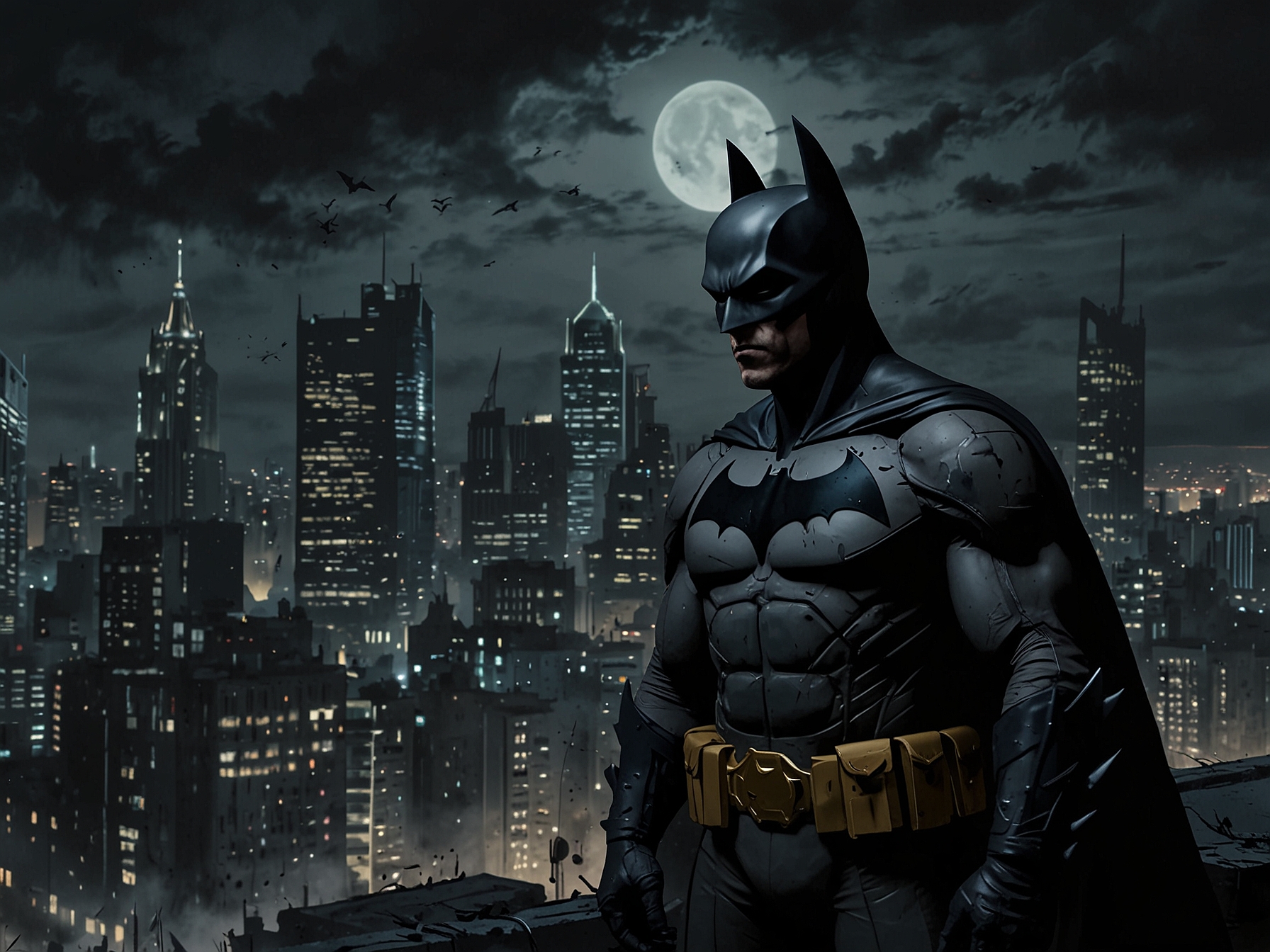 Close-up of Batman's brooding expression, juxtaposed with the Joker's maniacal grin, representing the psychological battle between order and anarchy.