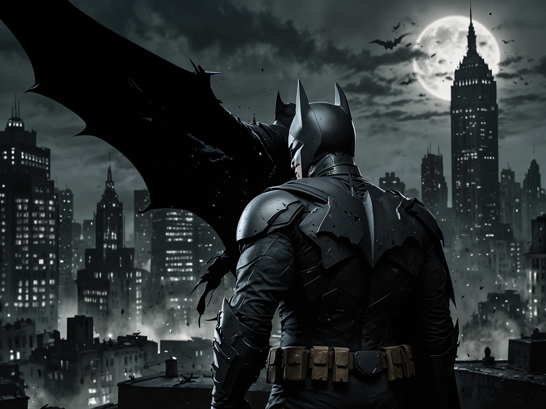 An artistic depiction of Gotham City at night with the Bat-Signal illuminating the sky, signifying Batman's commitment to fighting against chaos embodied by the Joker.