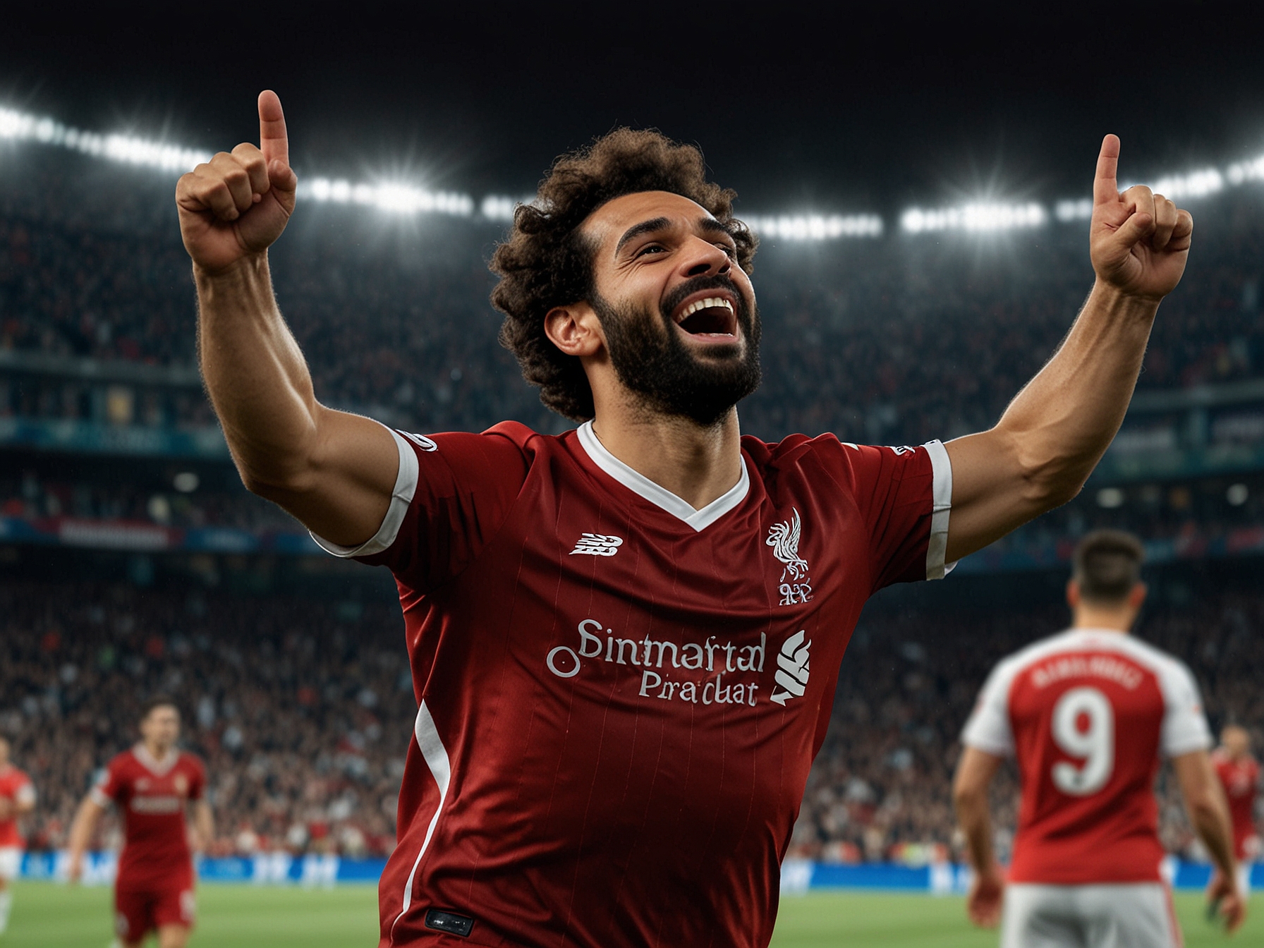 A dynamic moment from the Champions League, capturing Liverpool's Mohamed Salah celebrating after scoring a decisive penalty against Girona, amid the backdrop of a tense match at Estadi Montilivi.
